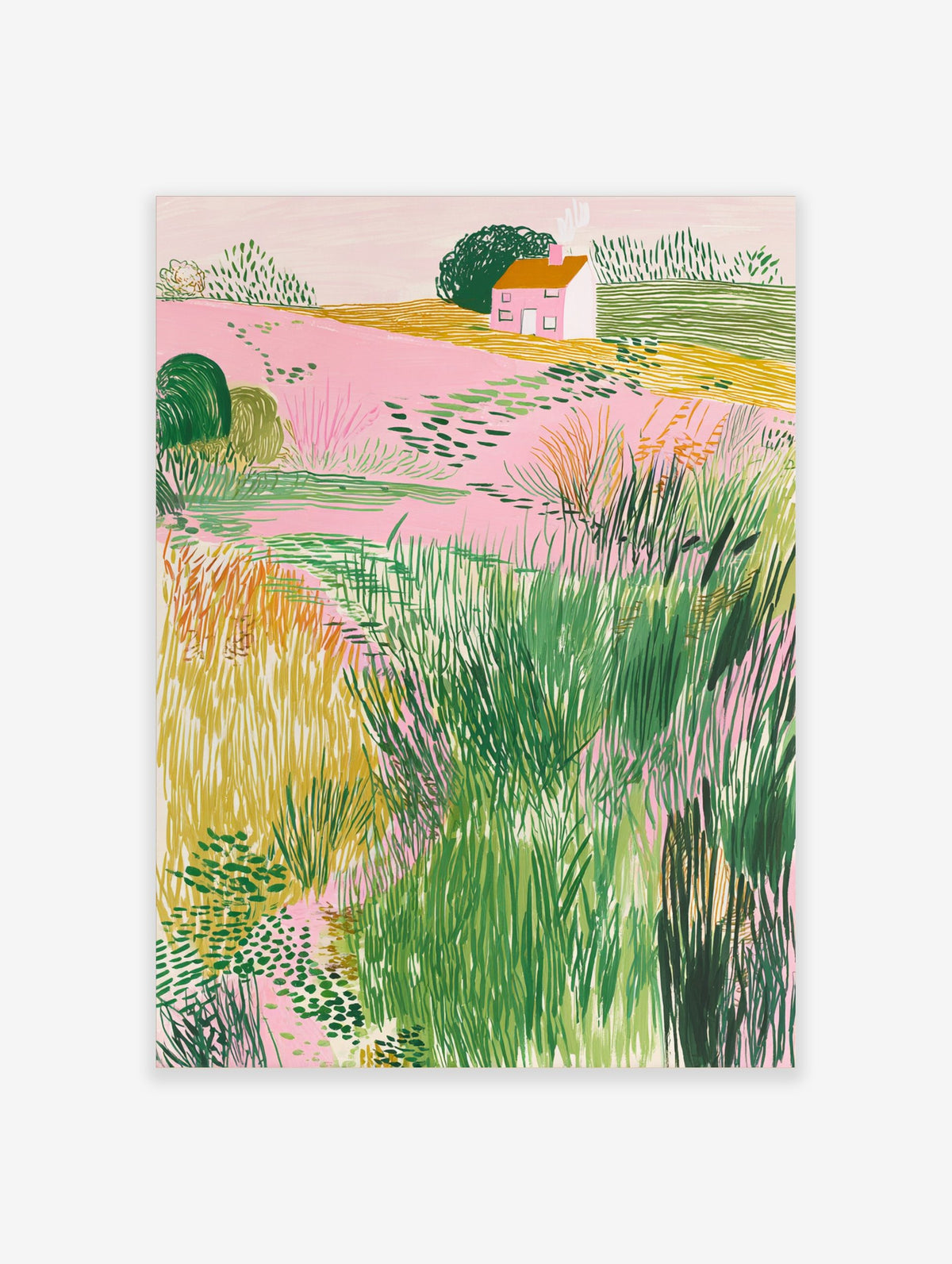 Illustrative landscape art print with pink fields, green bushes, yellow grass, and a small house with an orange roof