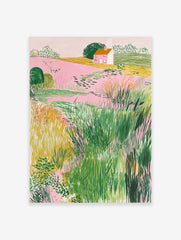 Illustrative landscape art print with pink fields, green bushes, yellow grass, and a small house with an orange roof