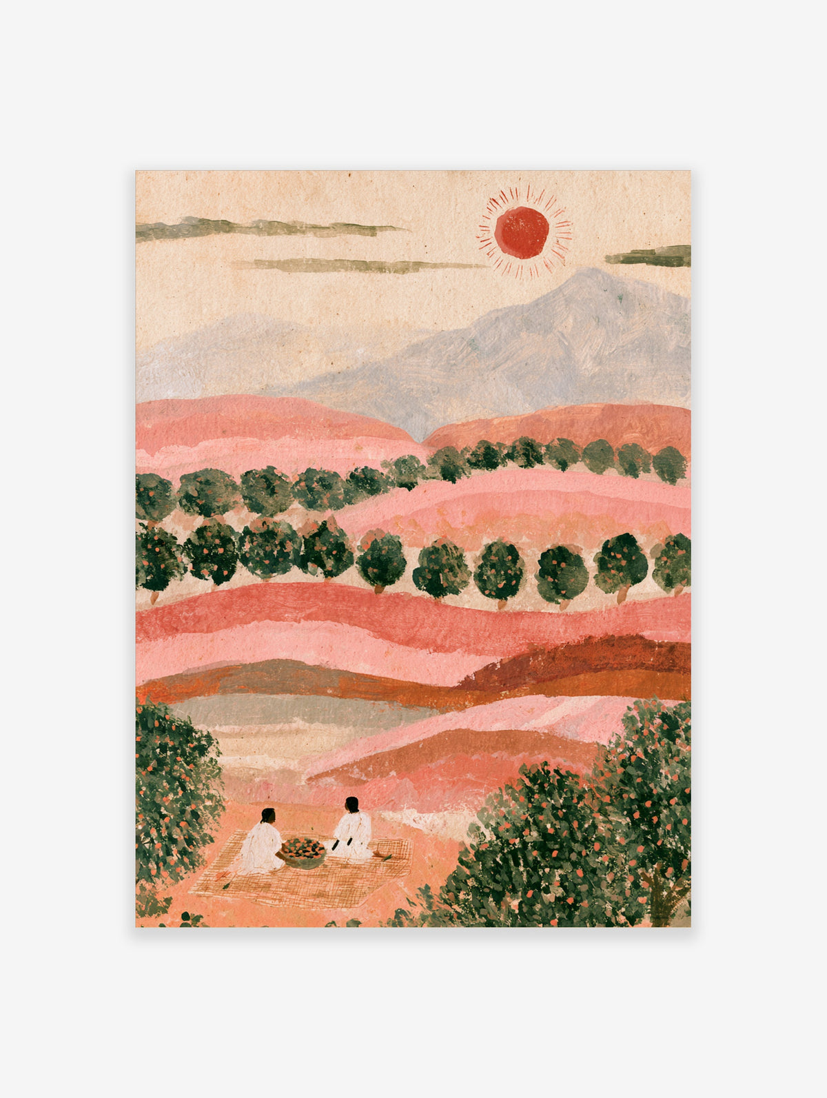 Pink landscape art print of two figures picnicking under trees with a red sun and blue mountains