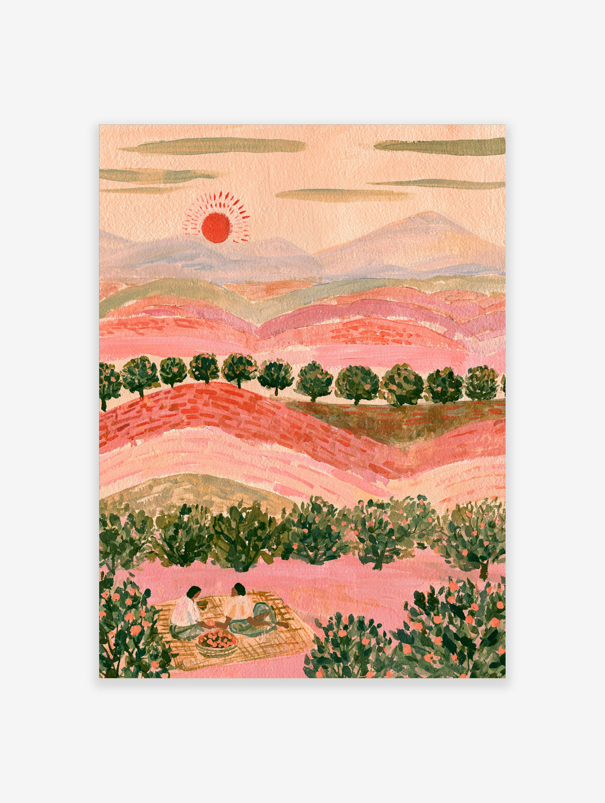 Pink landscape art print with red sun, green trees, and two figures picnicking on a rug