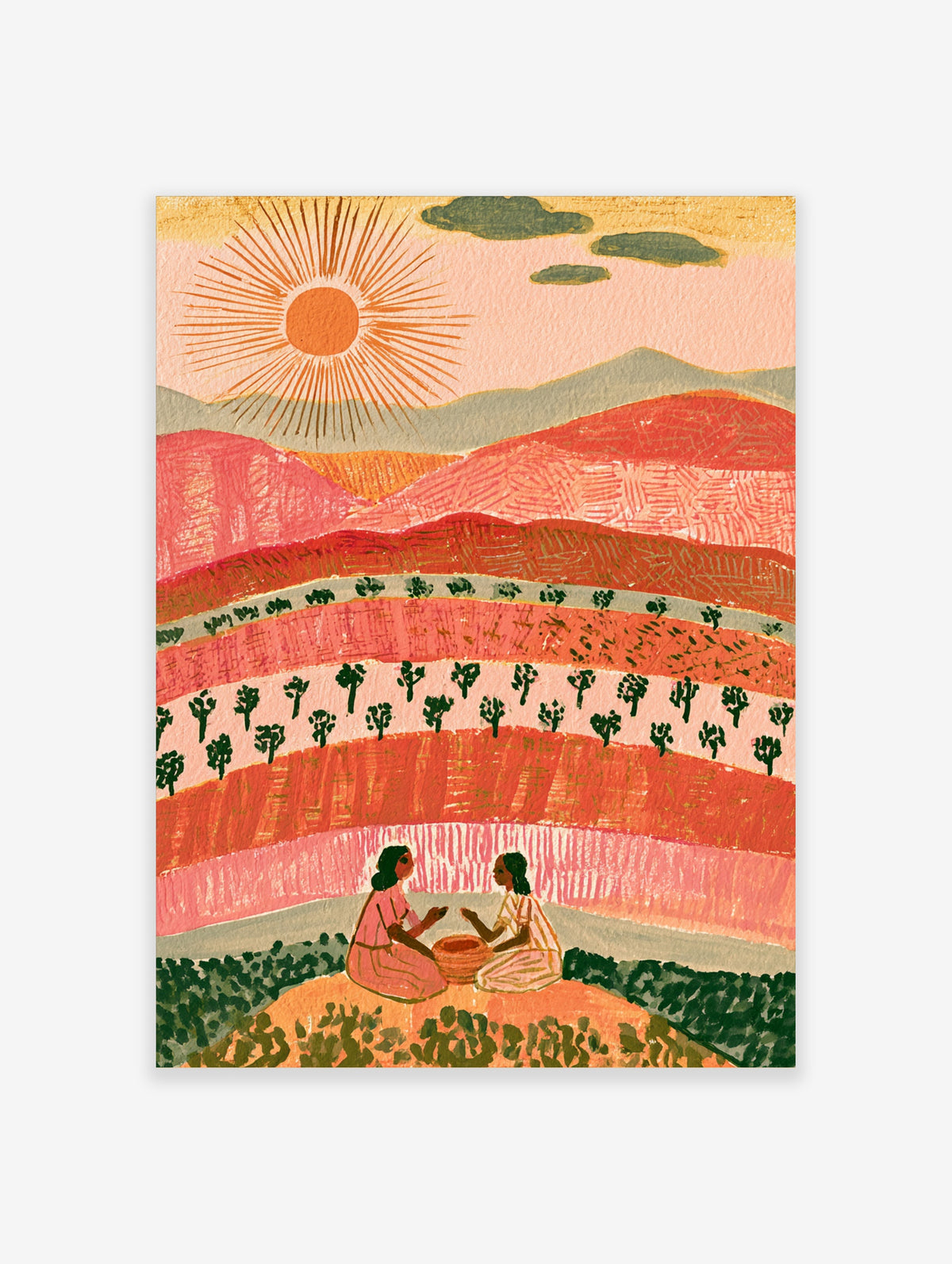 Pink landscape art print of two women seated by a basket under a radiating sun and layered hills