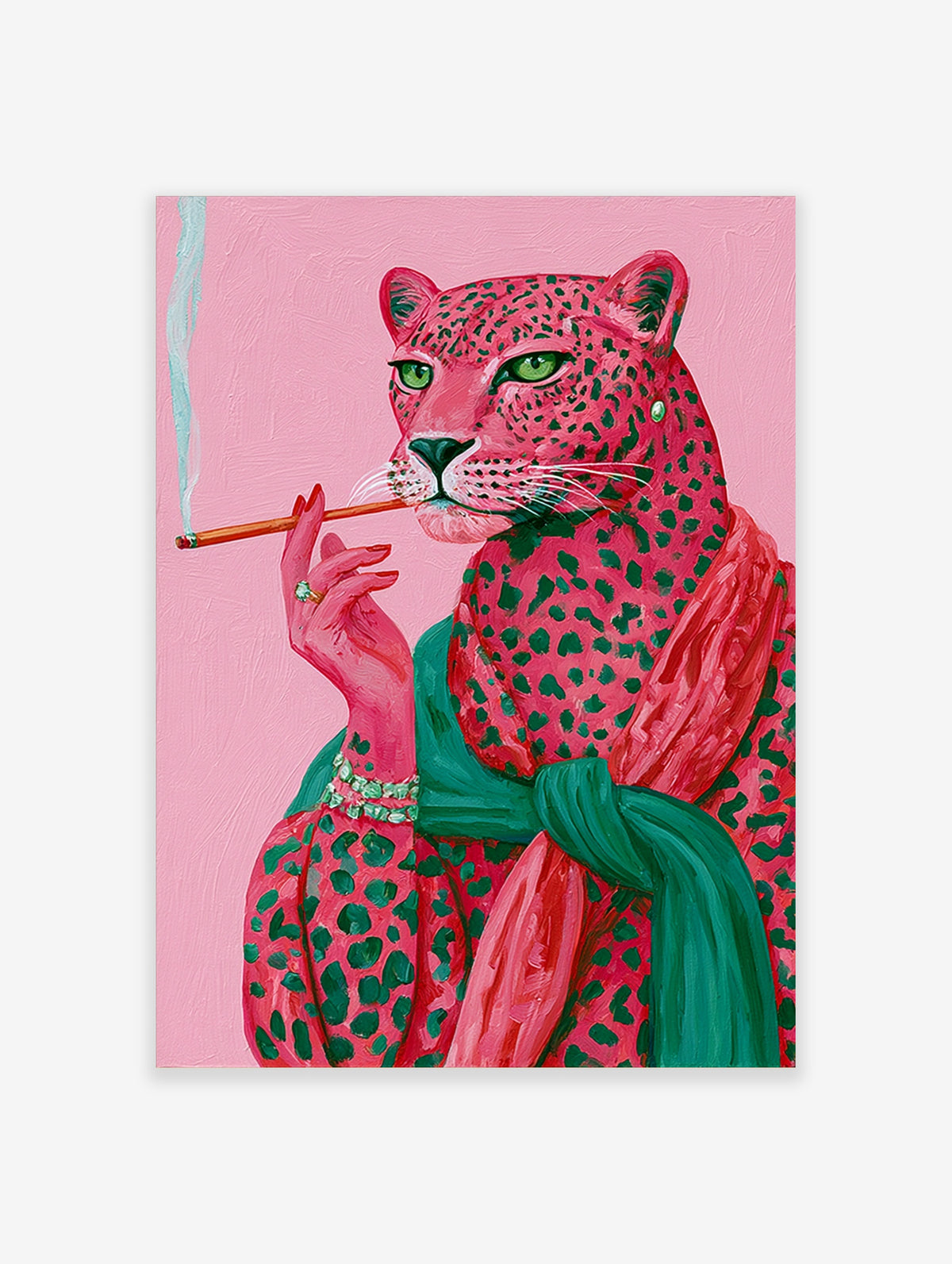 Pink leopard smoking a cigarette, wearing a green scarf and red wrap on a pink background