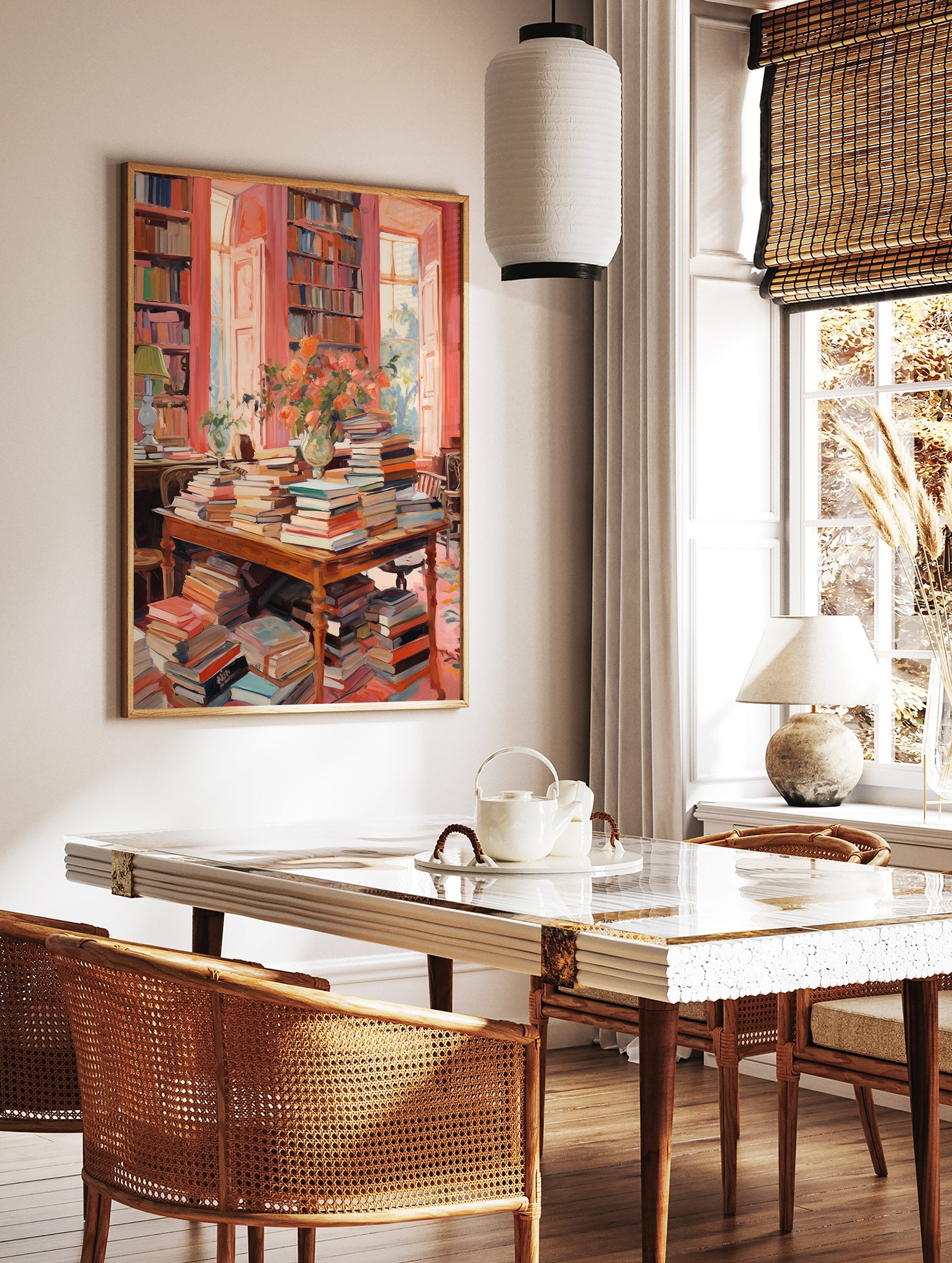 A vibrant pink library books poster showing a grand room with bookshelves, a table overflowing with books, and flowers. - Image 2