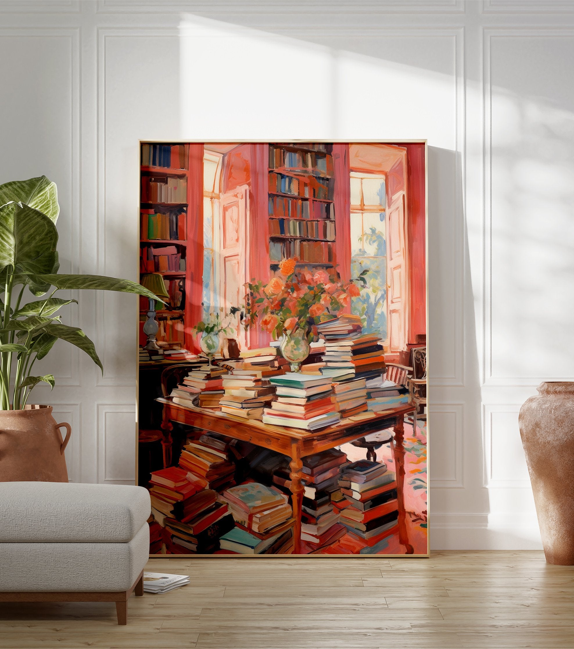 A vibrant pink library books poster showing a grand room with bookshelves, a table overflowing with books, and flowers. - Image 3
