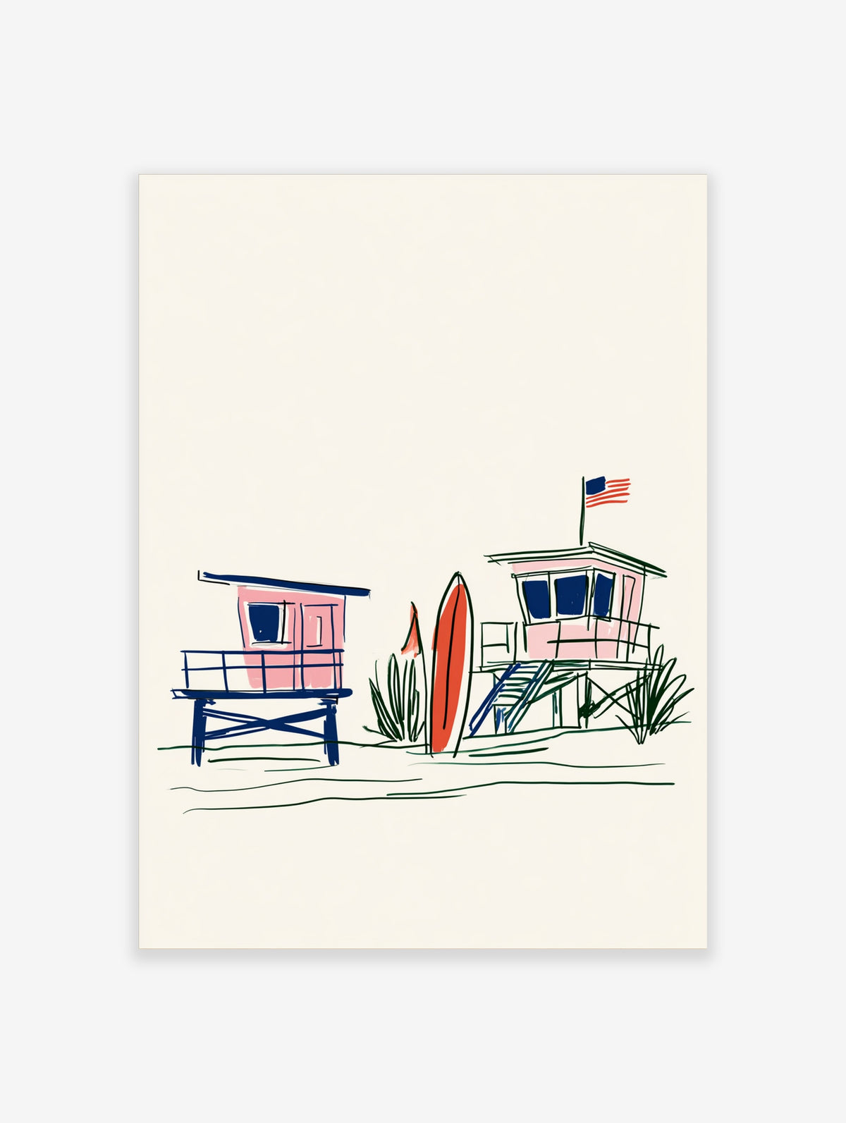 Pink lifeguard hut coastal art print with surfboard and flag on beach