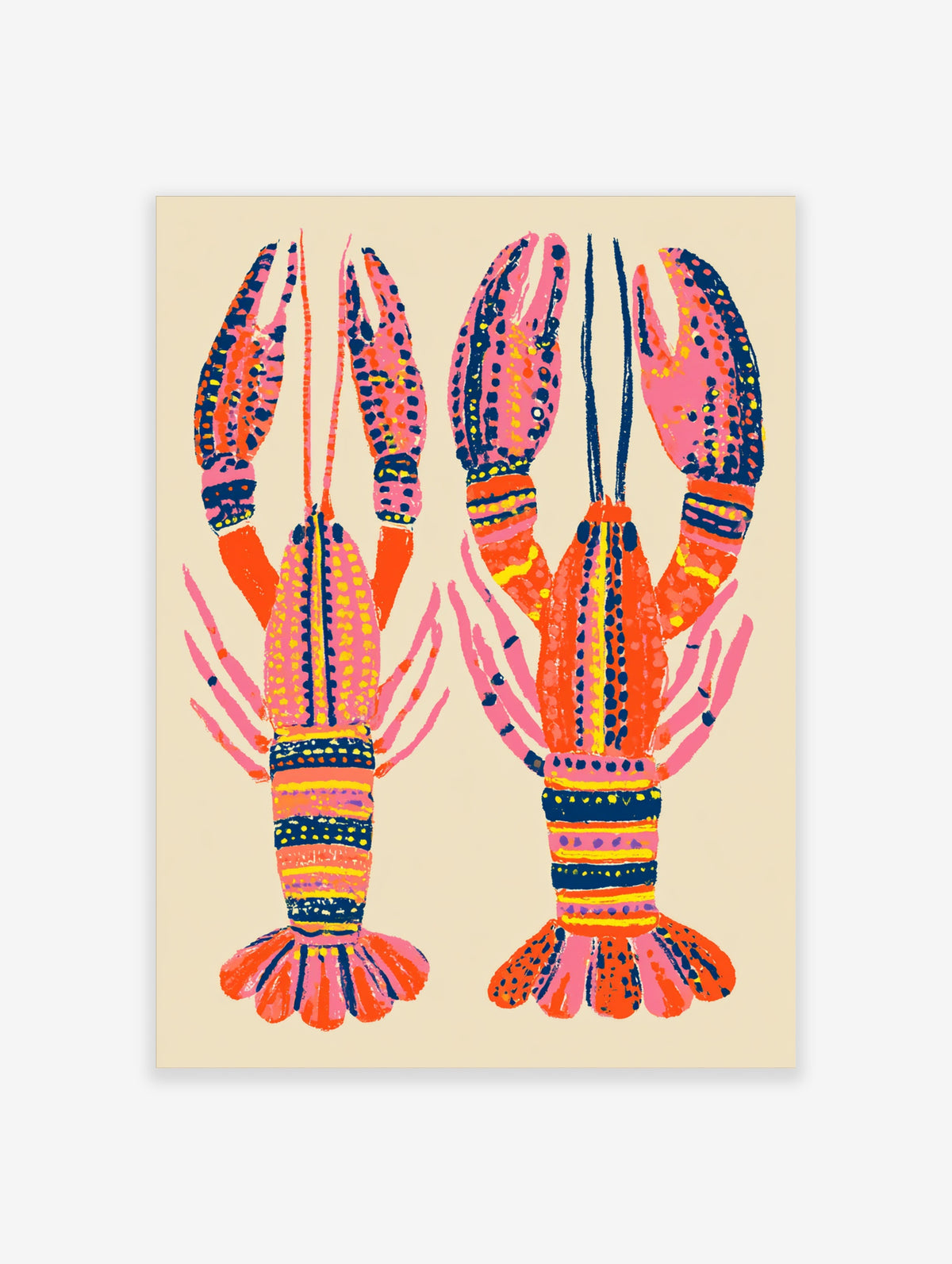 Two pink and orange lobsters with navy spots and striped tails on a cream background, colourful crustacean art print