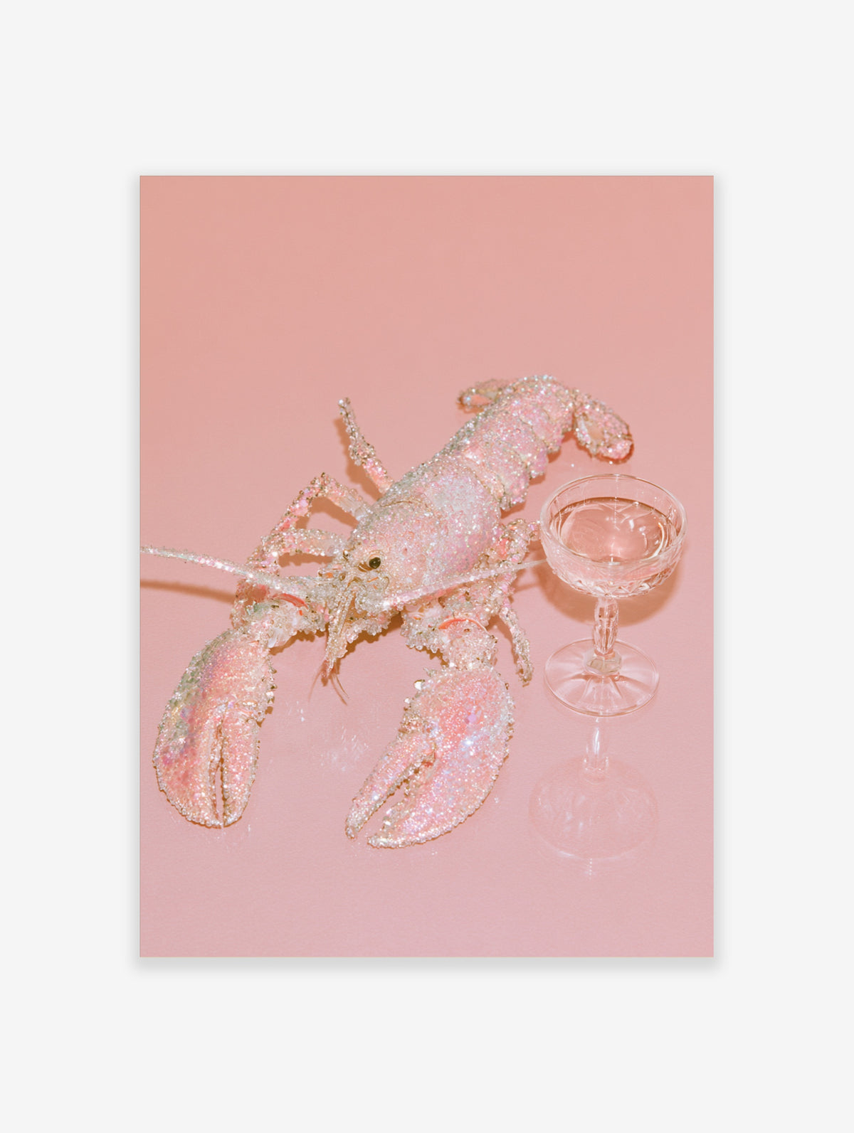 Pink glitter lobster and coupe glass on pastel pink background art print