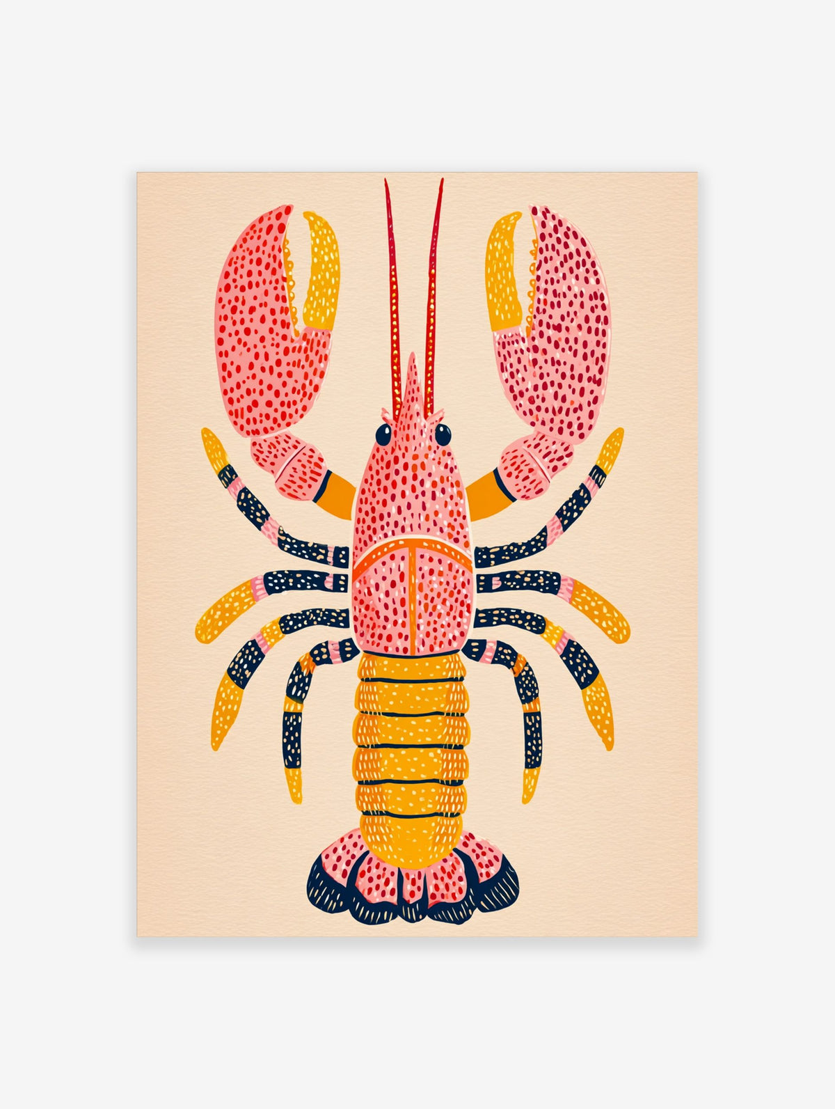 Illustrative pink and yellow lobster wall art print with dark blue patterned legs and red dots