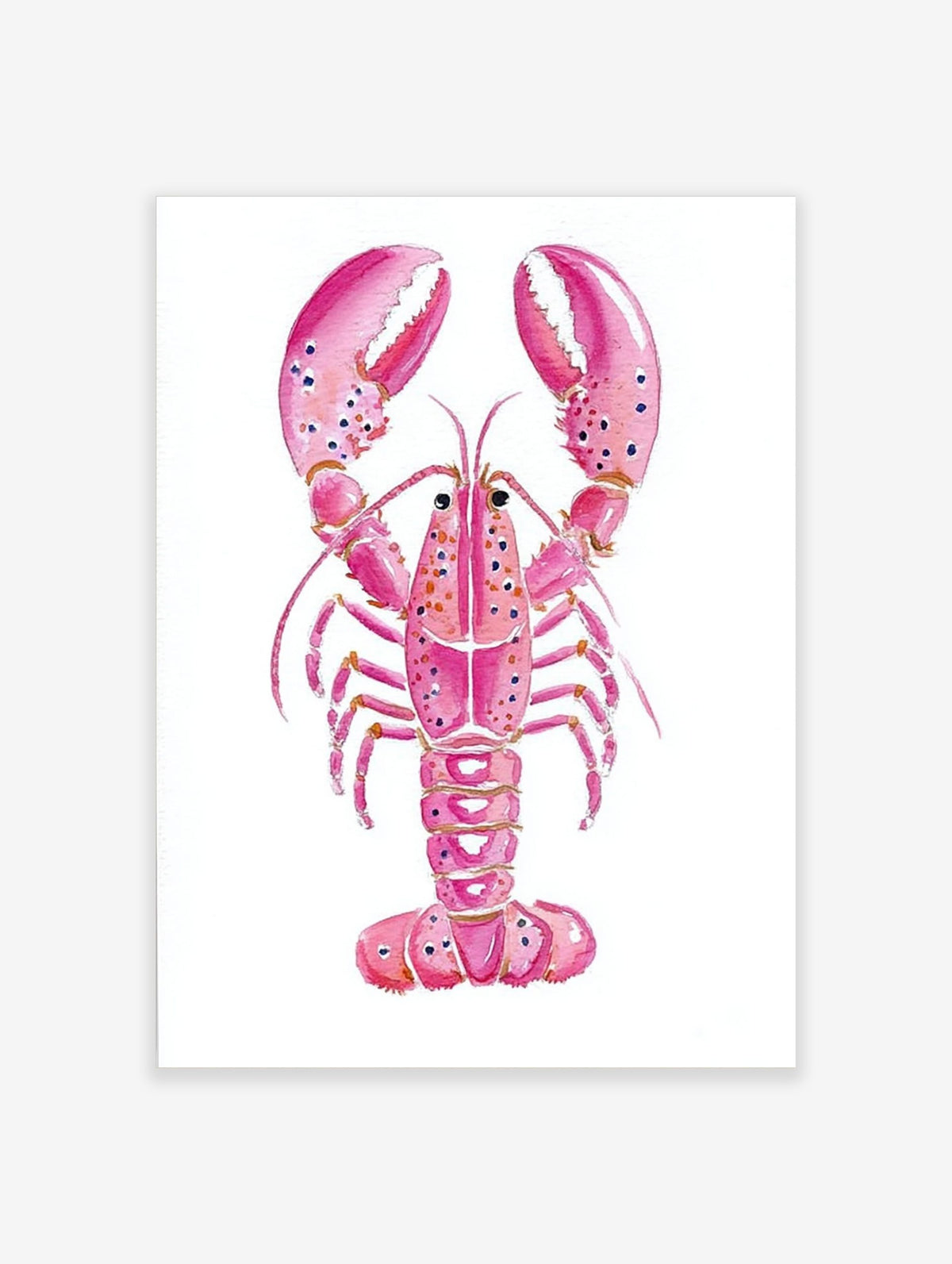 Pink lobster watercolour illustration art print with speckled claws on a white background, portrait orientation
