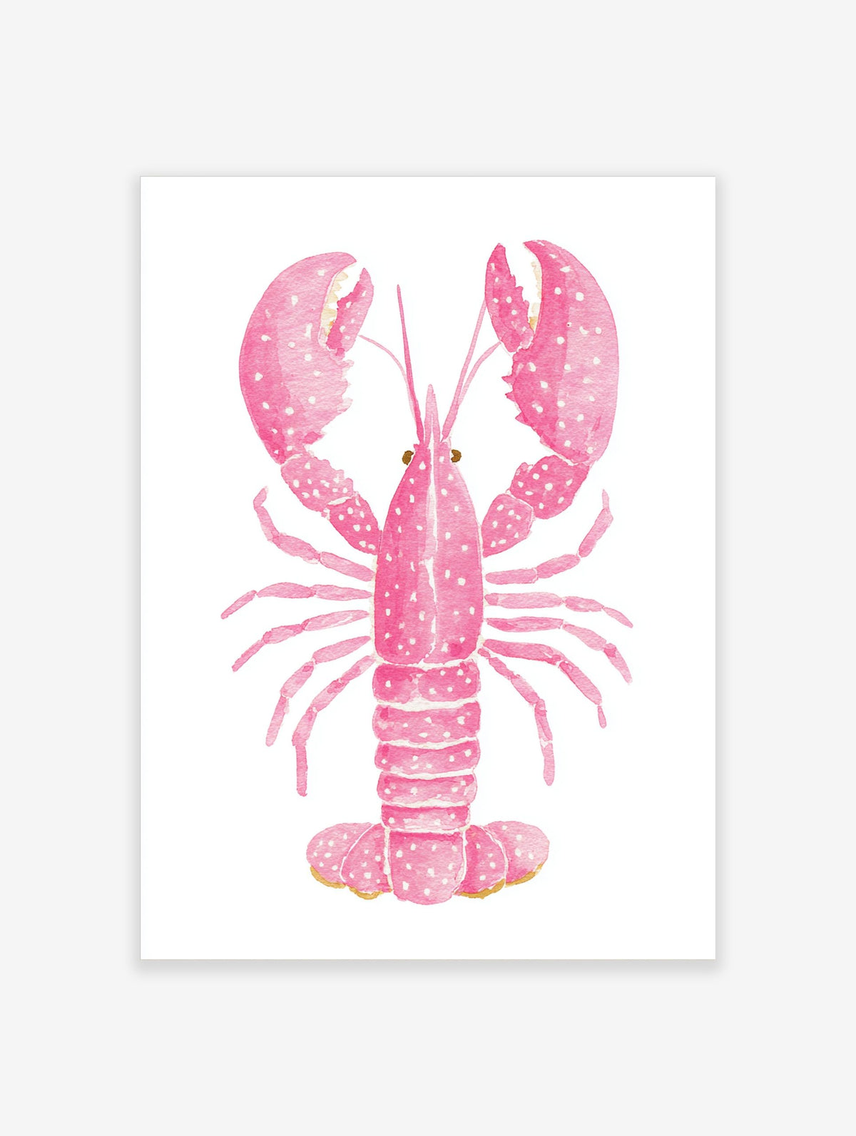 Pink lobster watercolour illustration art print with white speckles on a plain white background