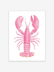 Pink lobster watercolour illustration art print with white speckles on a plain white background