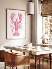 Pink lobster watercolour illustration art print with white speckles on a plain white background, in a styled room mockup