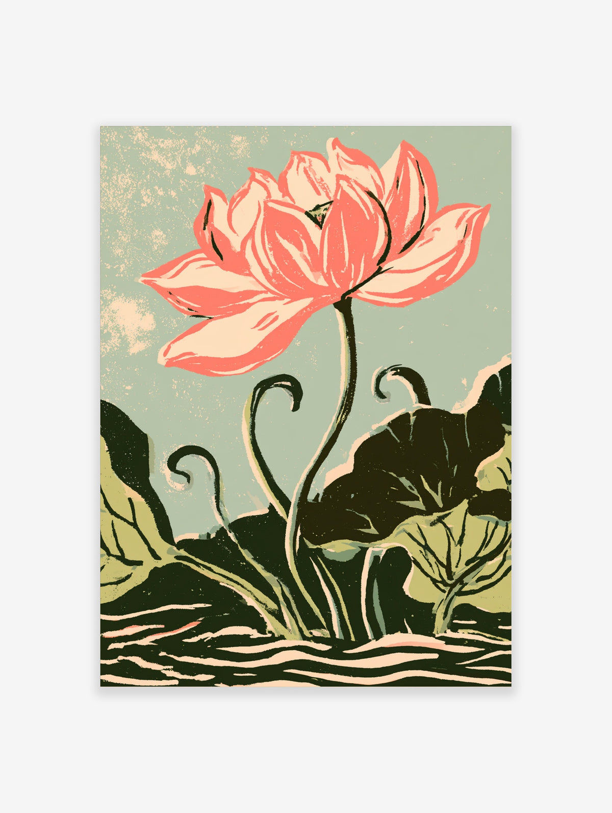 Pink lotus flower poster with curling stems and dark lily pads on a teal background