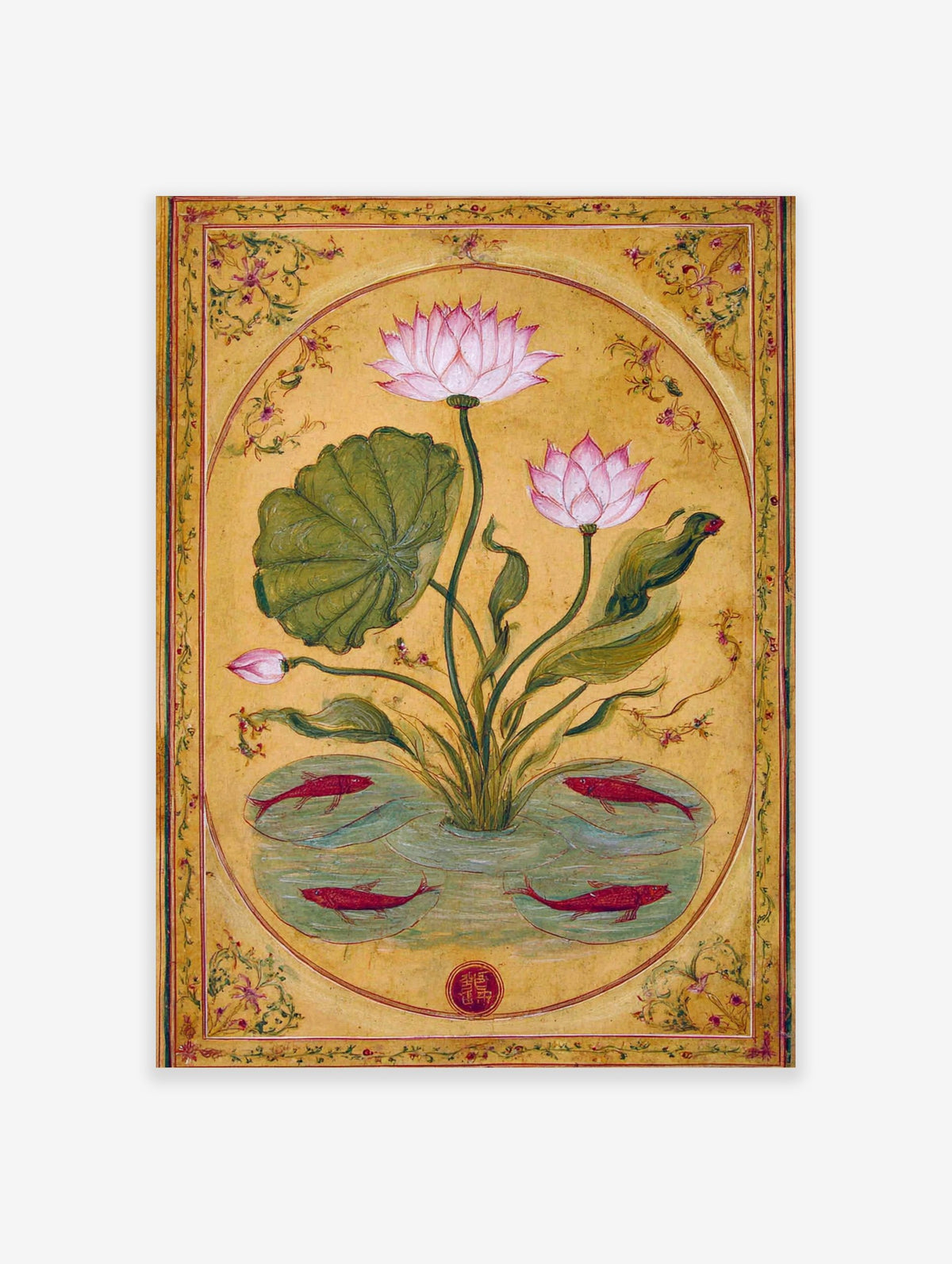Pink lotus flower and red fish botanical illustration art print in an oval frame on a golden background
