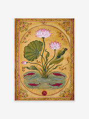 Pink lotus flower and red fish botanical illustration art print in an oval frame on a golden background