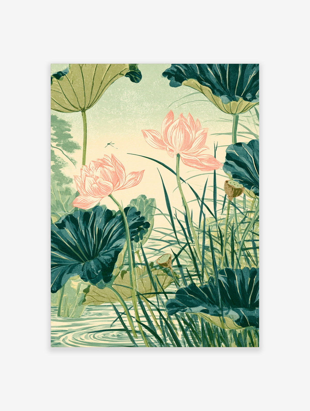 Pink lotus flower art print with green lily pads, reeds, and a dragonfly over water
