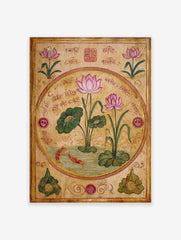 Ornate pink lotus pond illustration with flowers, green leaves, two red fish, and traditional script