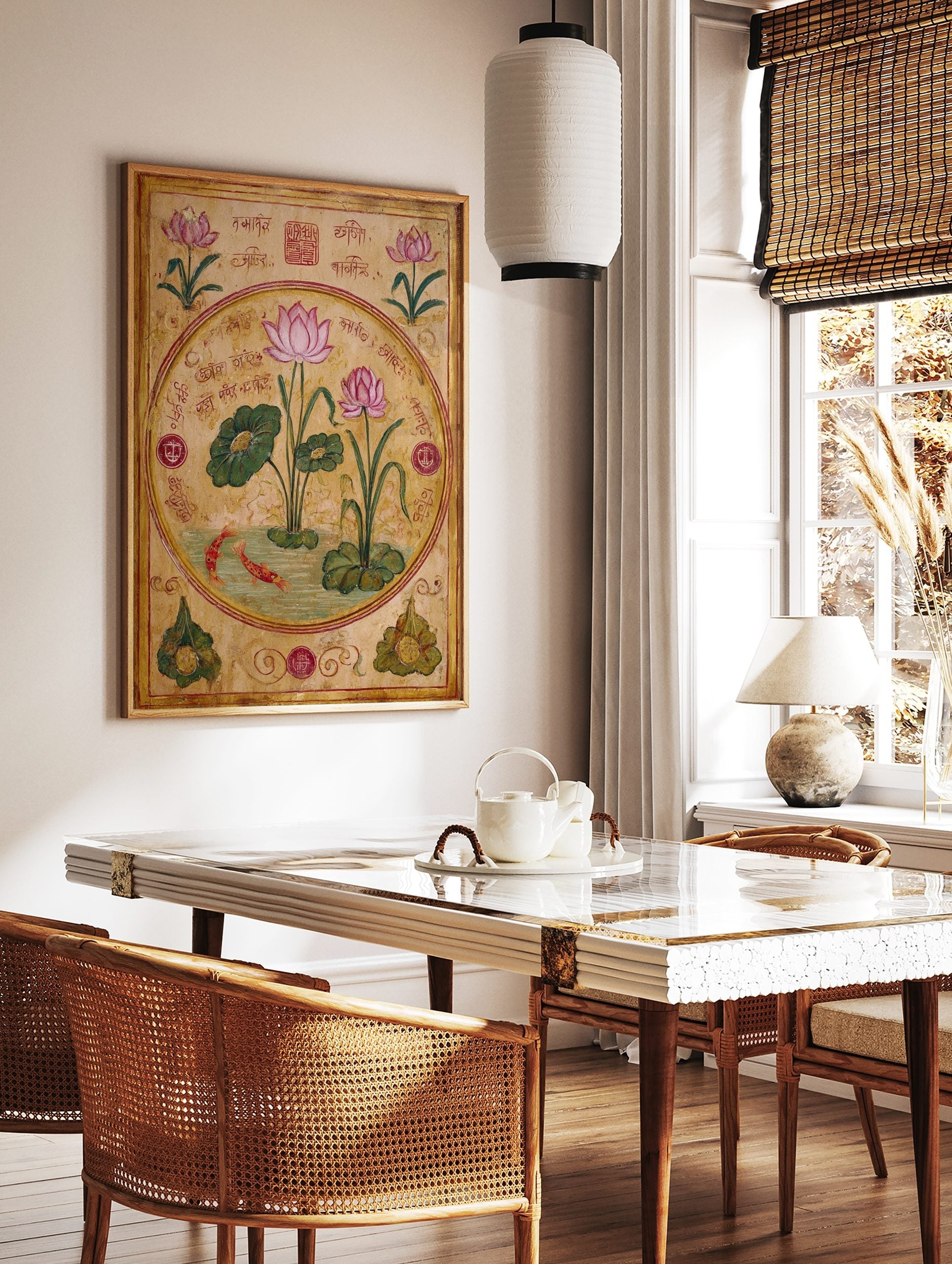 Ornate pink lotus pond illustration with flowers, green leaves, two red fish, and traditional script, in a styled room mockup