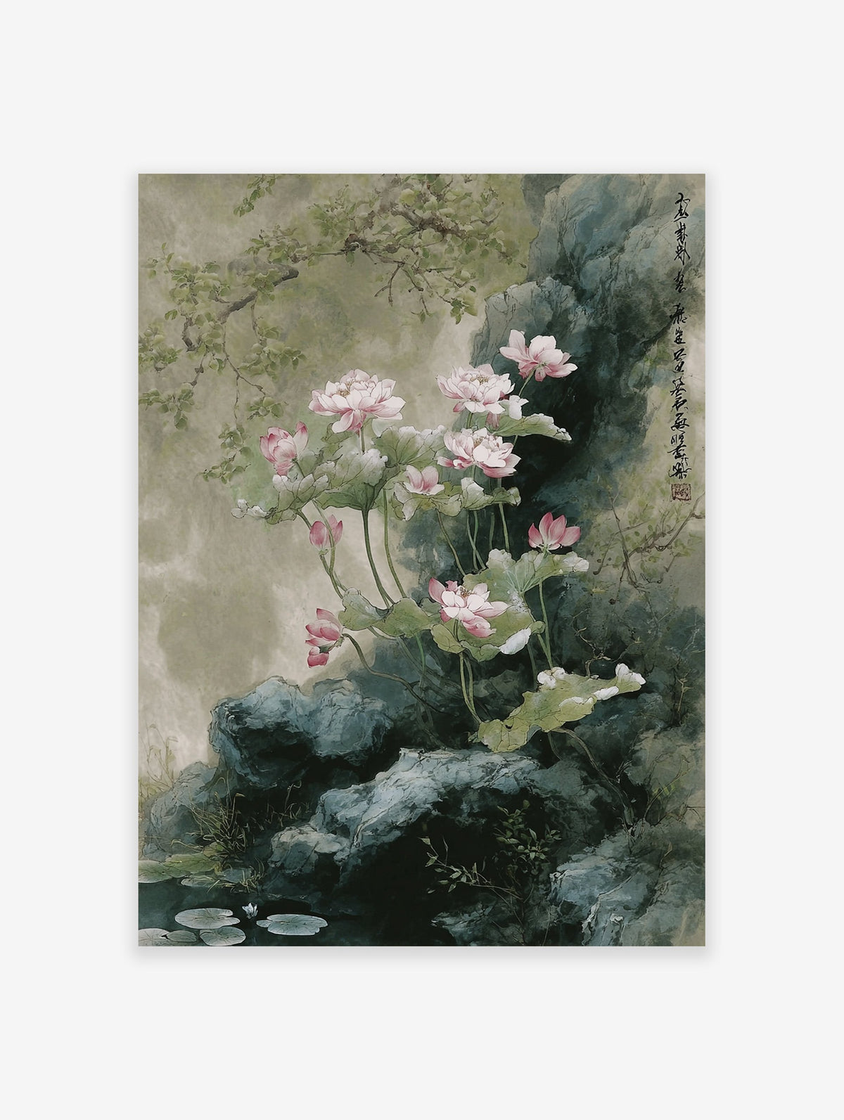 Traditional Asian painting of pink lotus flowers and green lily pads on rocks by water, botanical wall art.