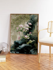 Traditional Asian painting of pink lotus flowers and green lily pads on rocks by water, botanical wall art. - Image 2