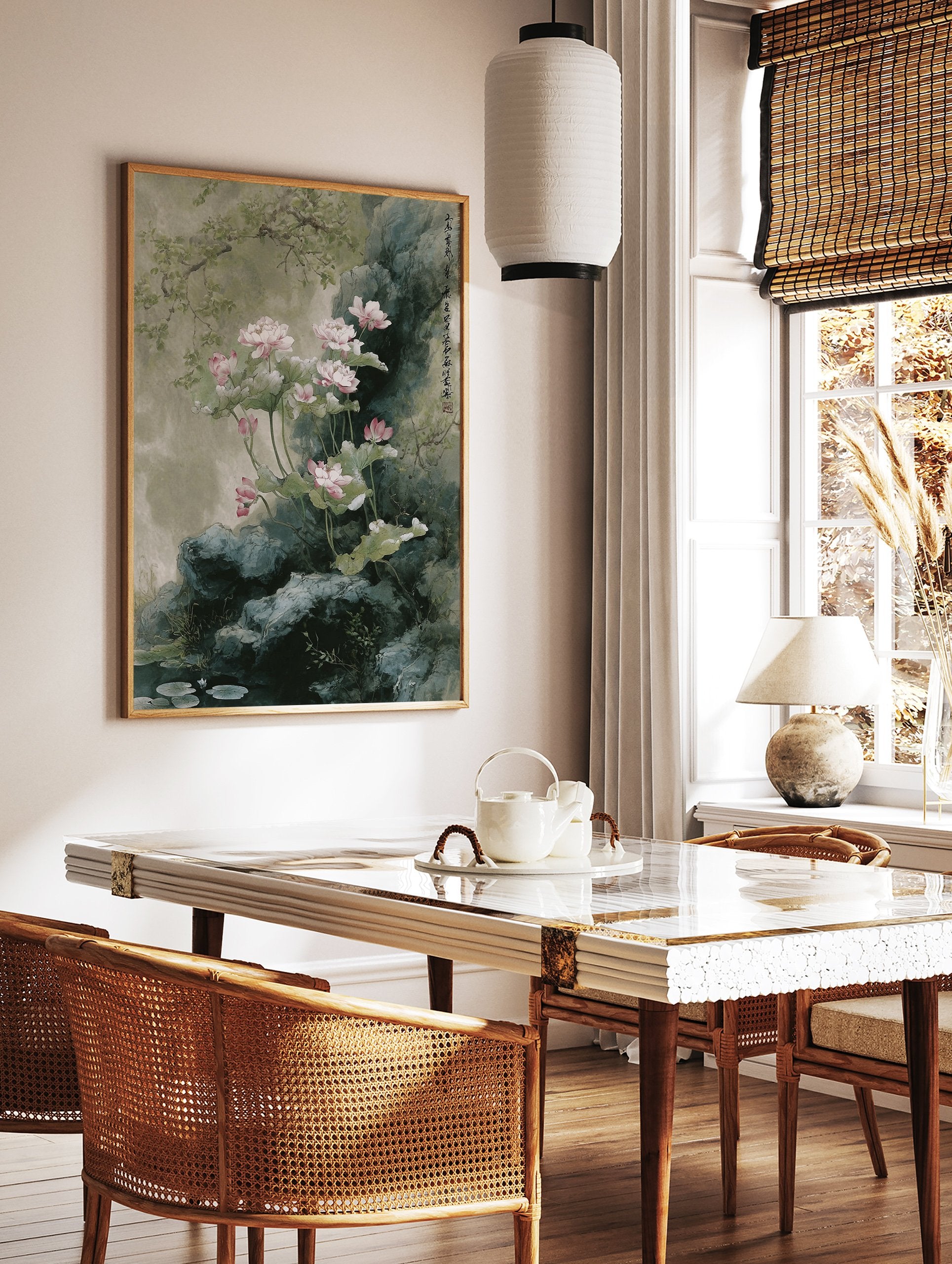 Traditional Asian painting of pink lotus flowers and green lily pads on rocks by water, botanical wall art. - Image 3