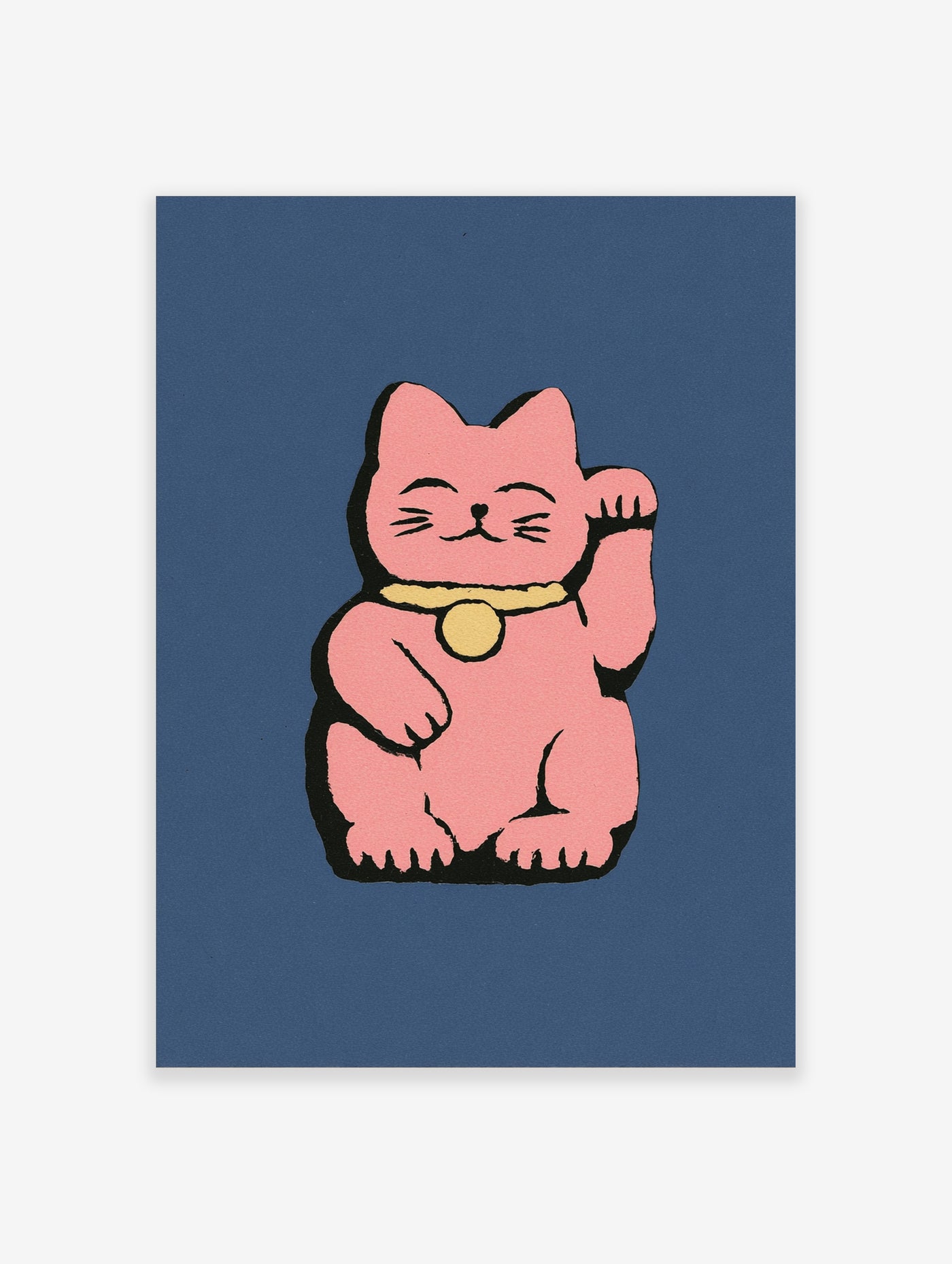 Pink lucky cat wall art with raised paw, yellow bell, and blue background