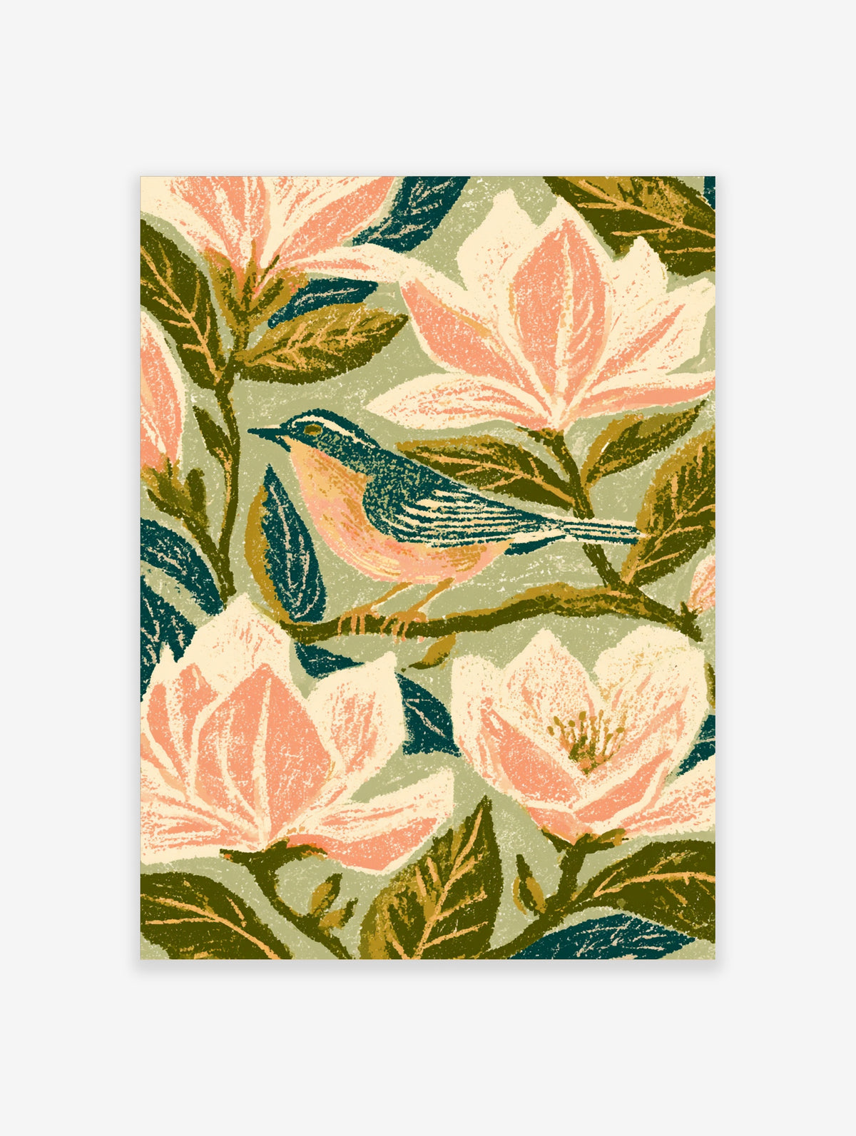 Pink magnolia and songbird art print with cream flowers, teal leaves, and a blue peach bird on a branch