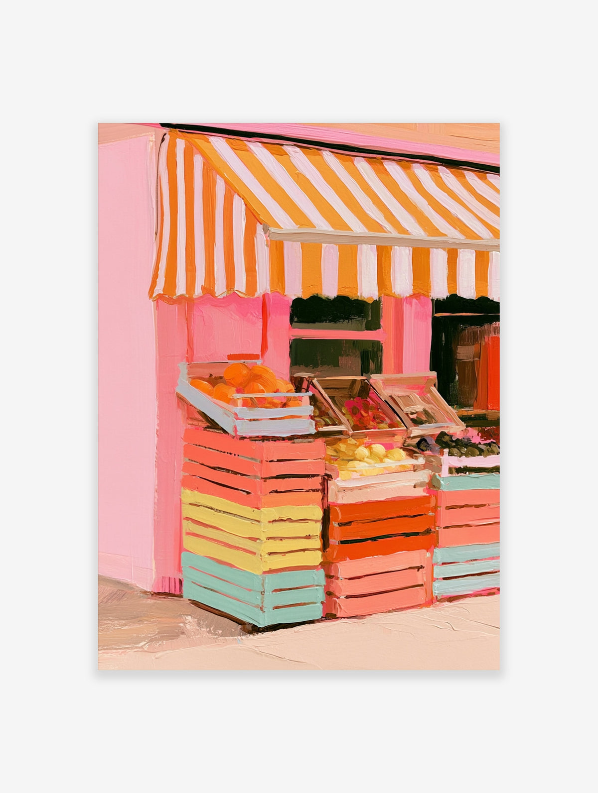 Pink market stall poster with orange and white awning and stacked fruit crates