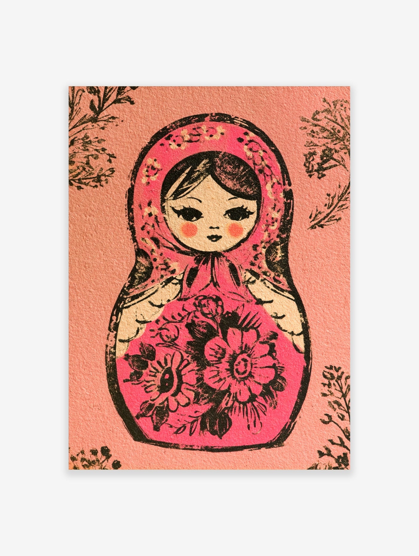 Pink Matryoshka doll illustration with black floral patterns and leaf accents on a matte pink background