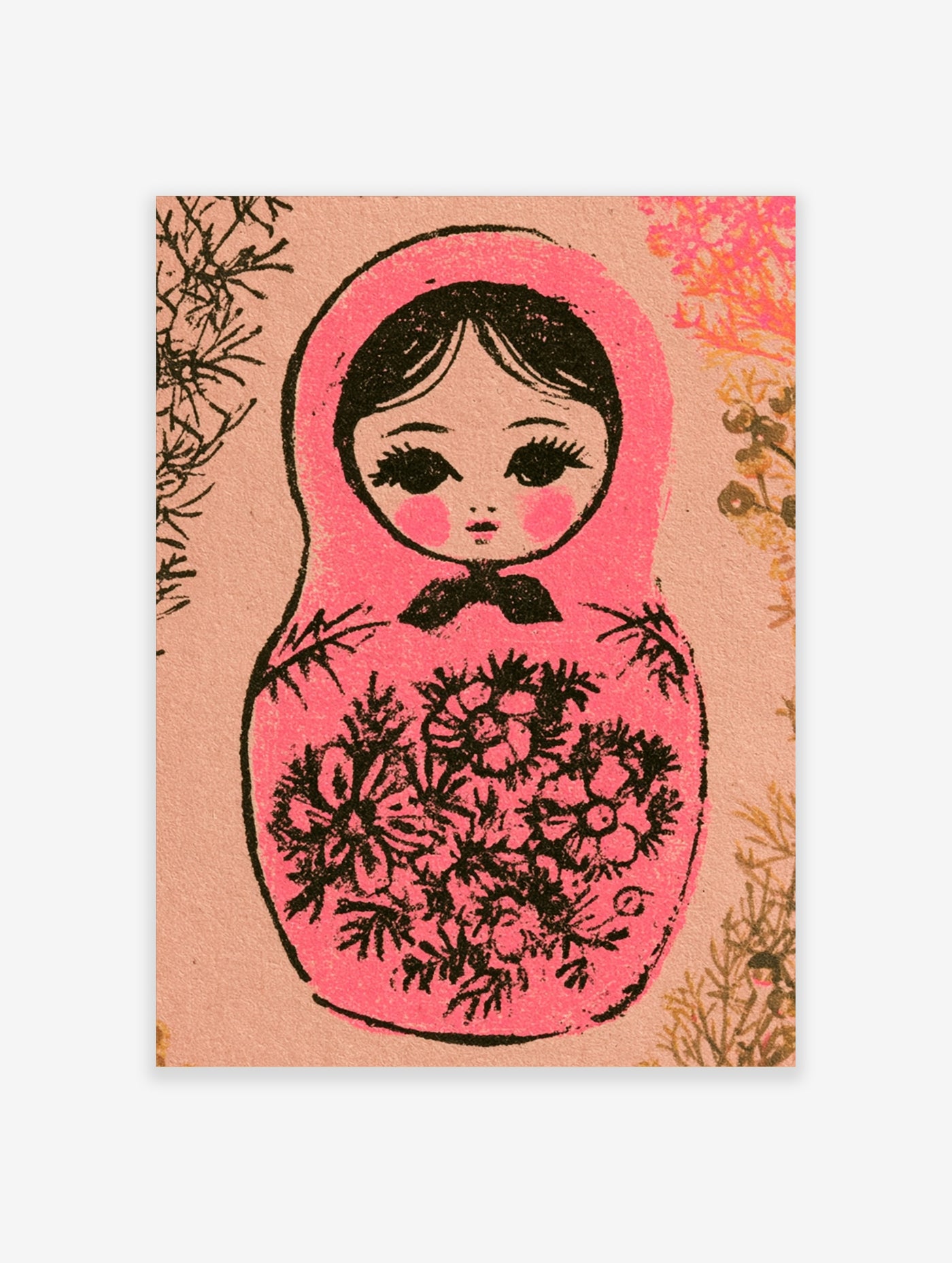 Stylised pink Matryoshka doll illustration with floral patterns and black line work, printed on satin paper