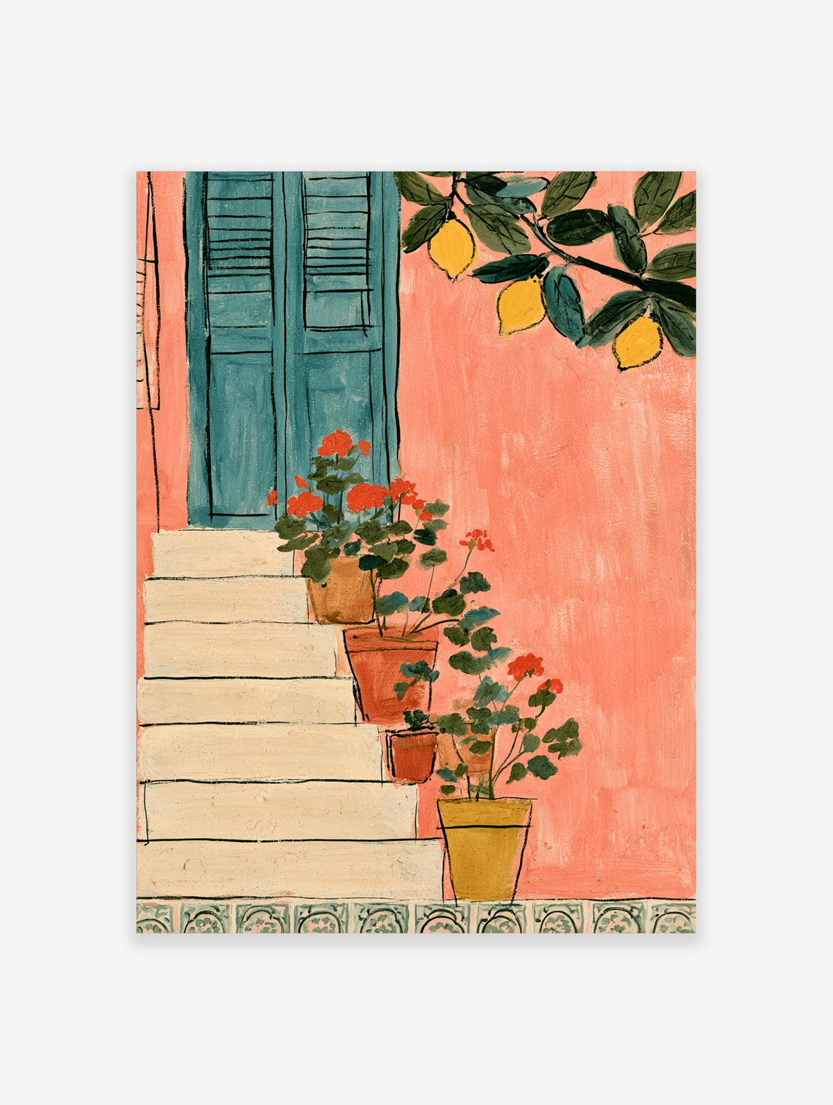 Pink Mediterranean wall art print with lemon tree, blue shutters, and flower pots on steps
