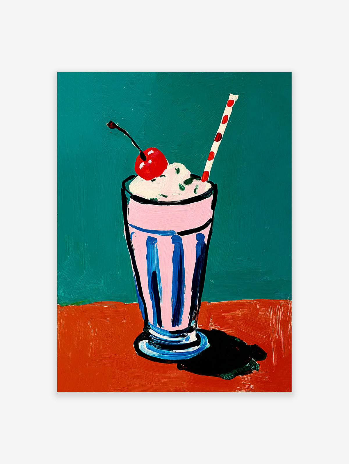 Pink milkshake poster with cherry, whipped cream, and striped straw on teal and orange background