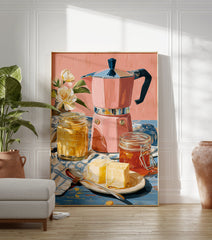 Poster of a pink Moka pot, jars of honey and butter, and white flowers on a blue table with a pink background. - Image 3