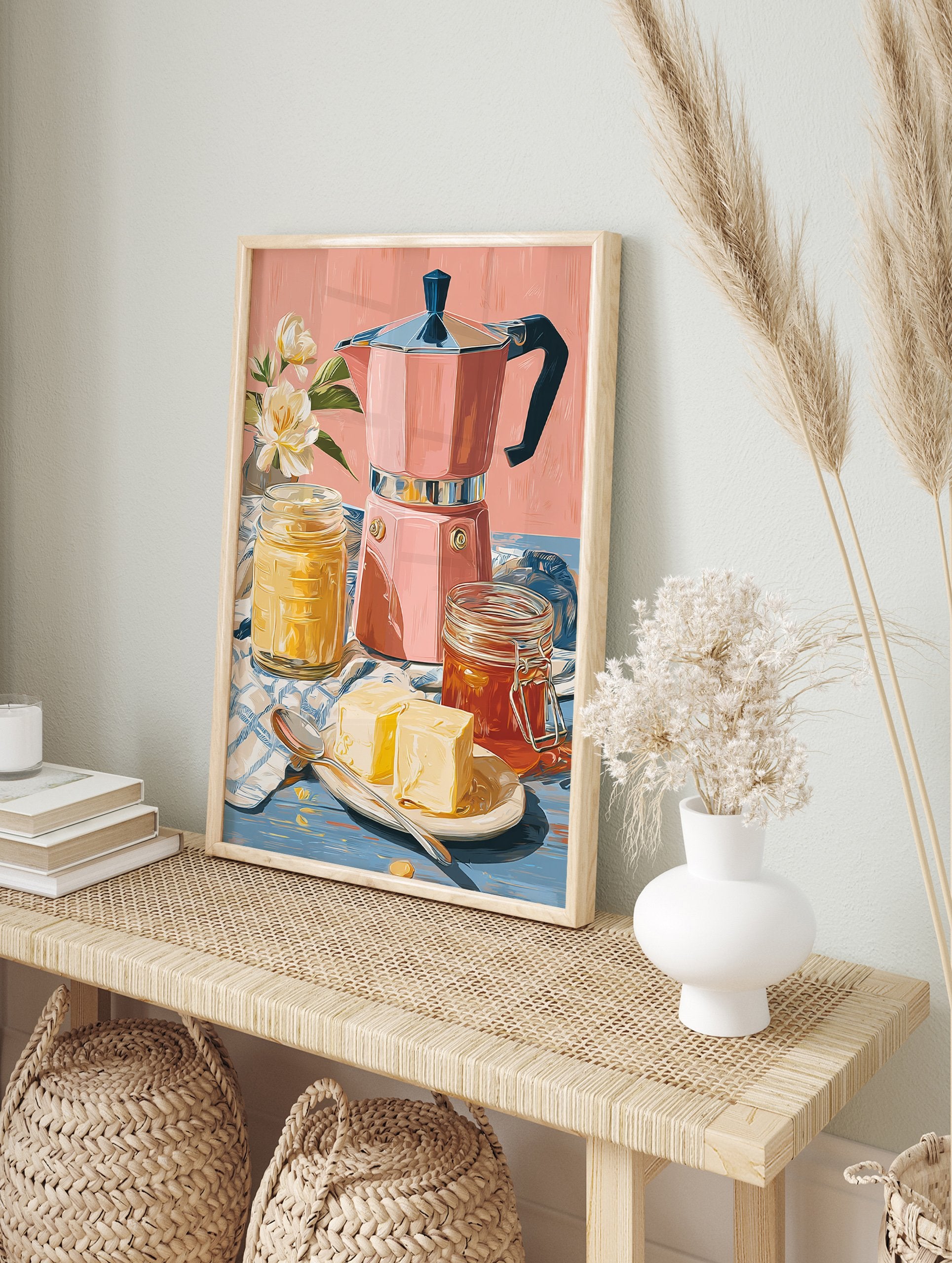 Poster of a pink Moka pot, jars of honey and butter, and white flowers on a blue table with a pink background. - Image 4
