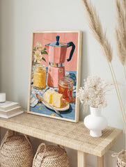 Poster of a pink Moka pot, jars of honey and butter, and white flowers on a blue table with a pink background. - Image 4