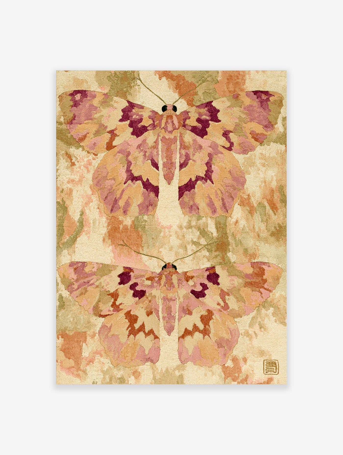 Two illustrated pink and burgundy moths with mosaic patterns on a tan mottled background, nature wall art print