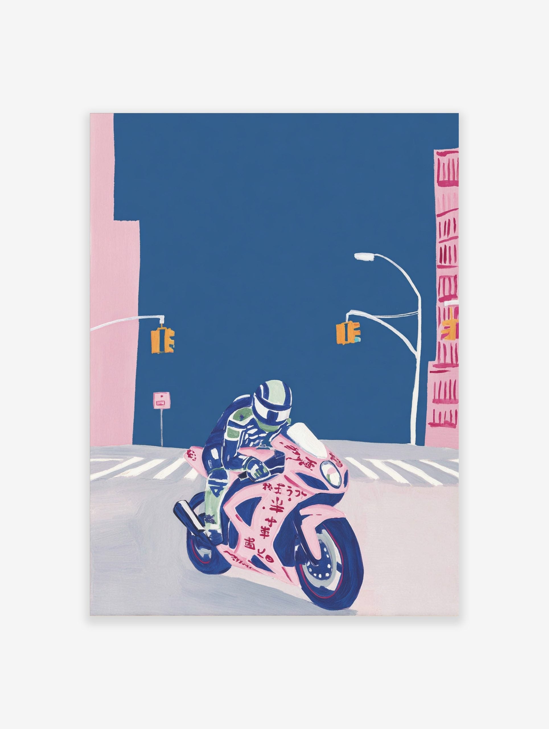Illustrative print of a rider on a pink sports motorbike with Japanese text, on a deep blue street with traffic lights