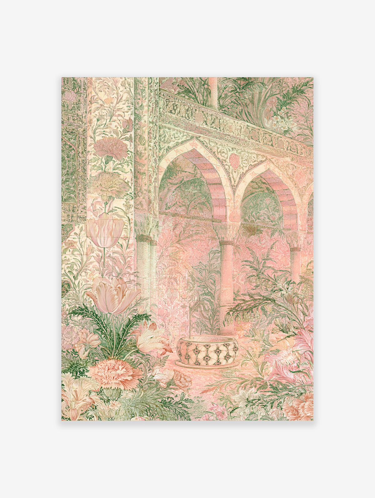 Pink Mughal arch garden print with fountain, tulips and carnations in pastel tones