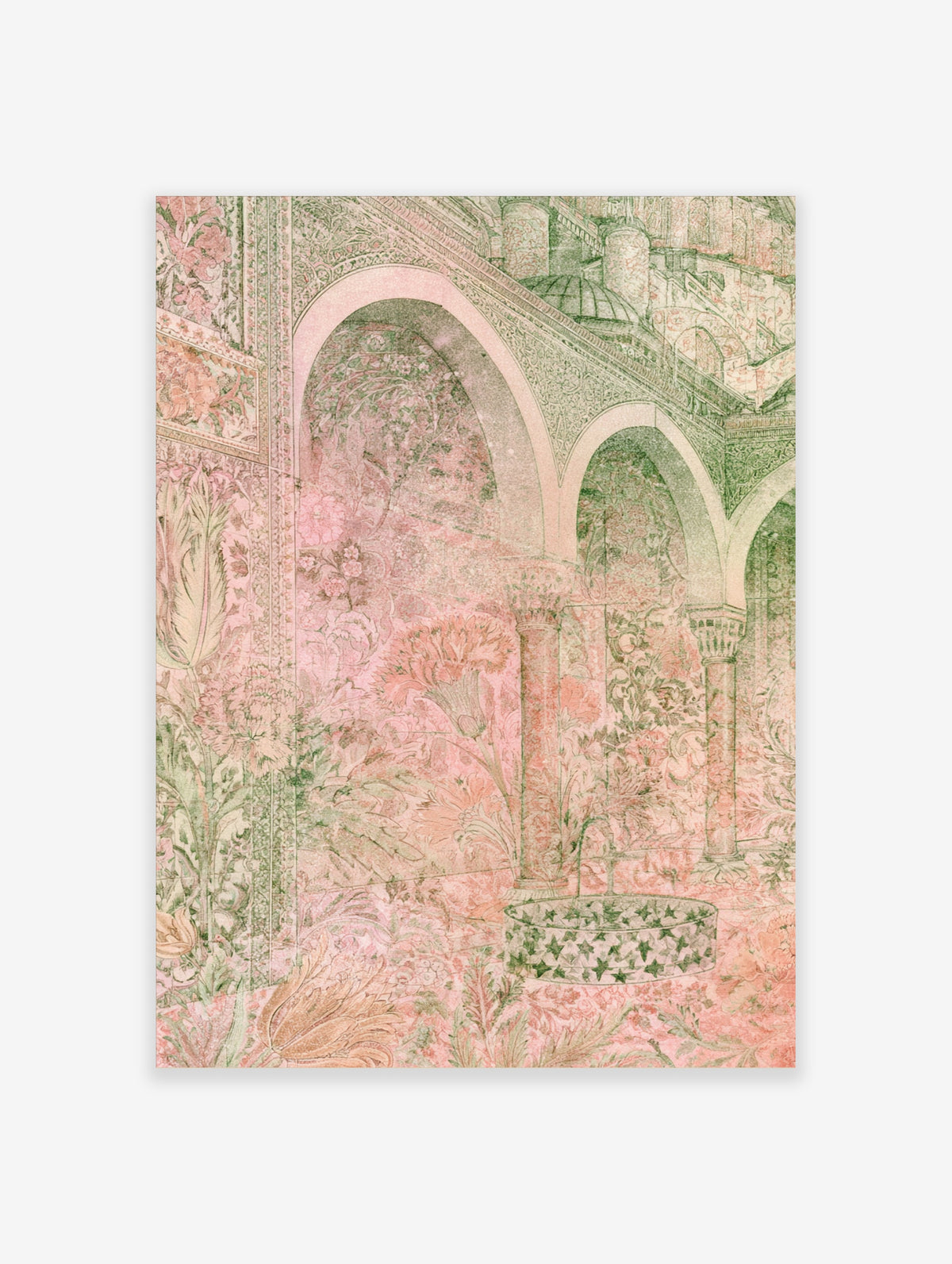 Pink Mughal arch poster with Indian floral motifs, green columns and star-patterned fountain