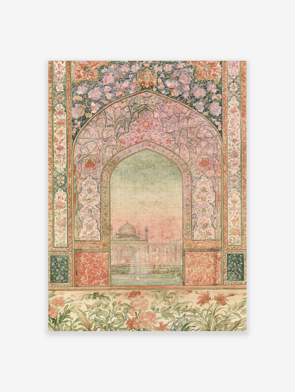 Pink Mughal arch wall art print with floral spandrels and a central garden view