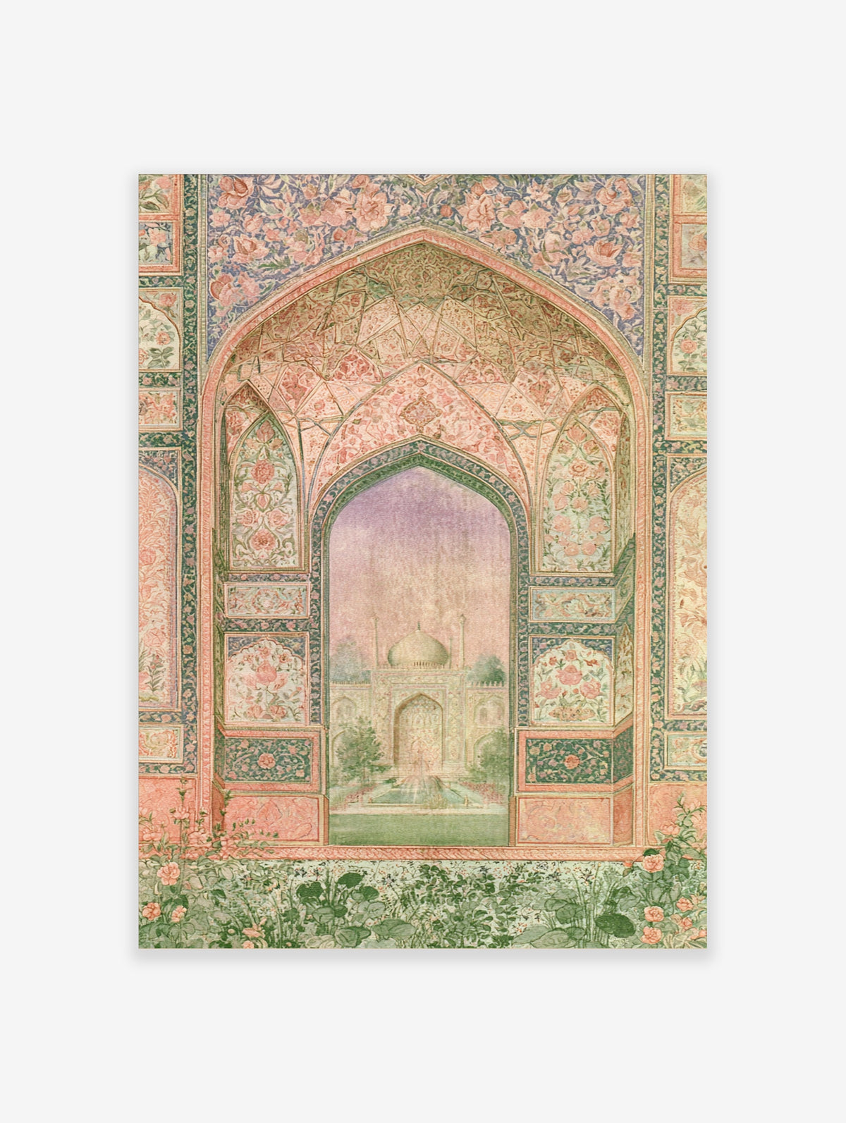 Pink Mughal arch wall art with floral tilework and domed pavilion view