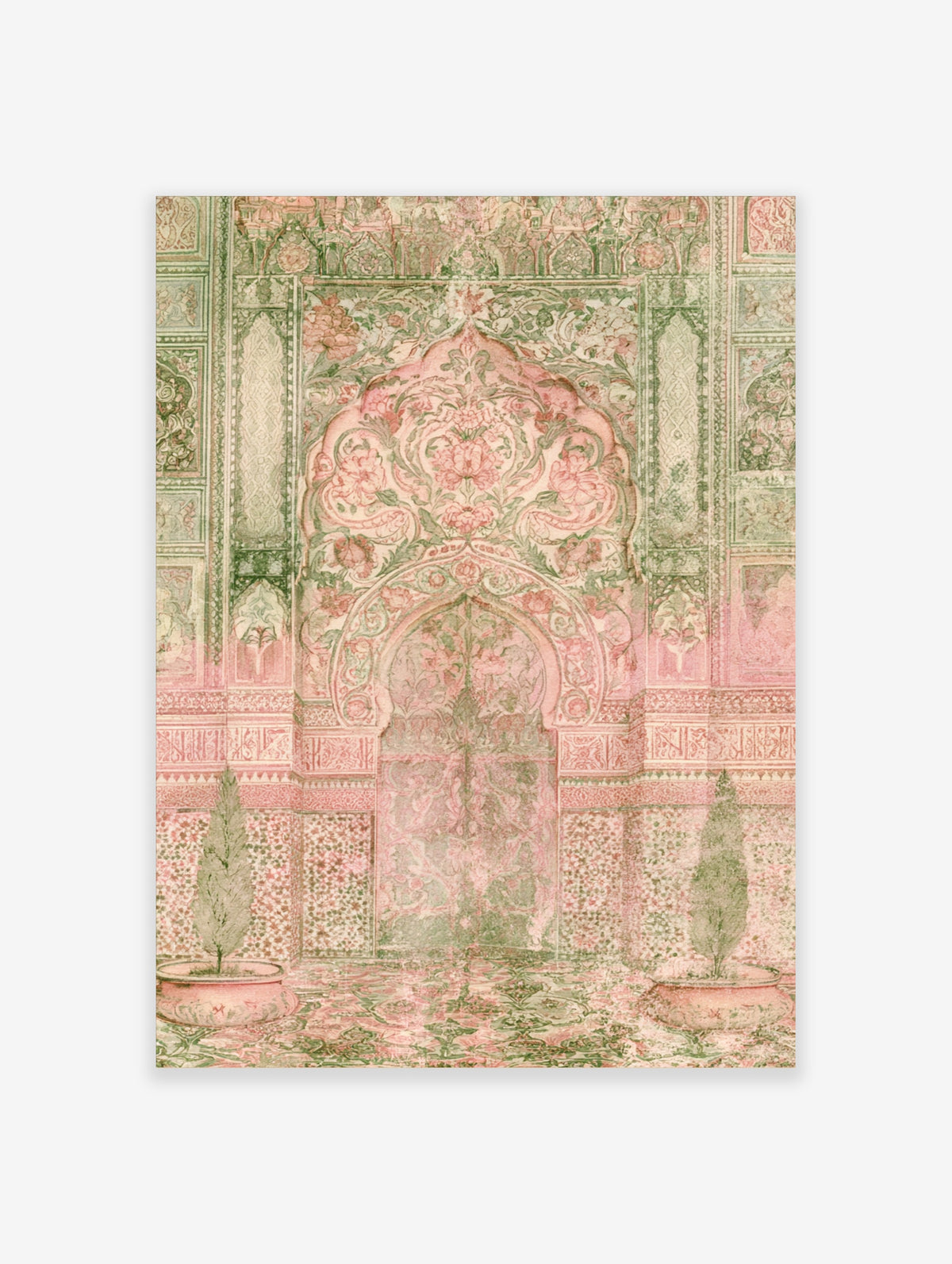 Pink Mughal arch wall art with floral scrollwork, cypress trees, and mosaic tile details