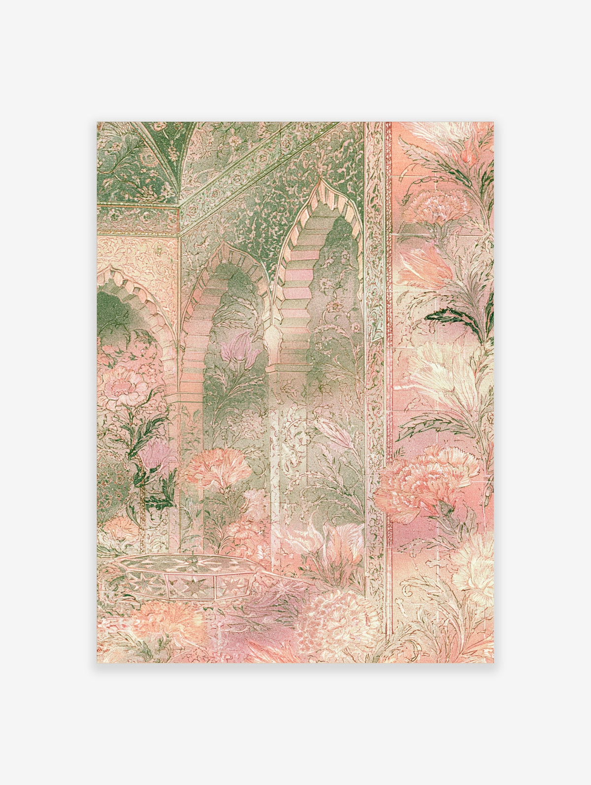 Pink Mughal arch wall art with floral sprays and scalloped niches in pastel green and coral tones
