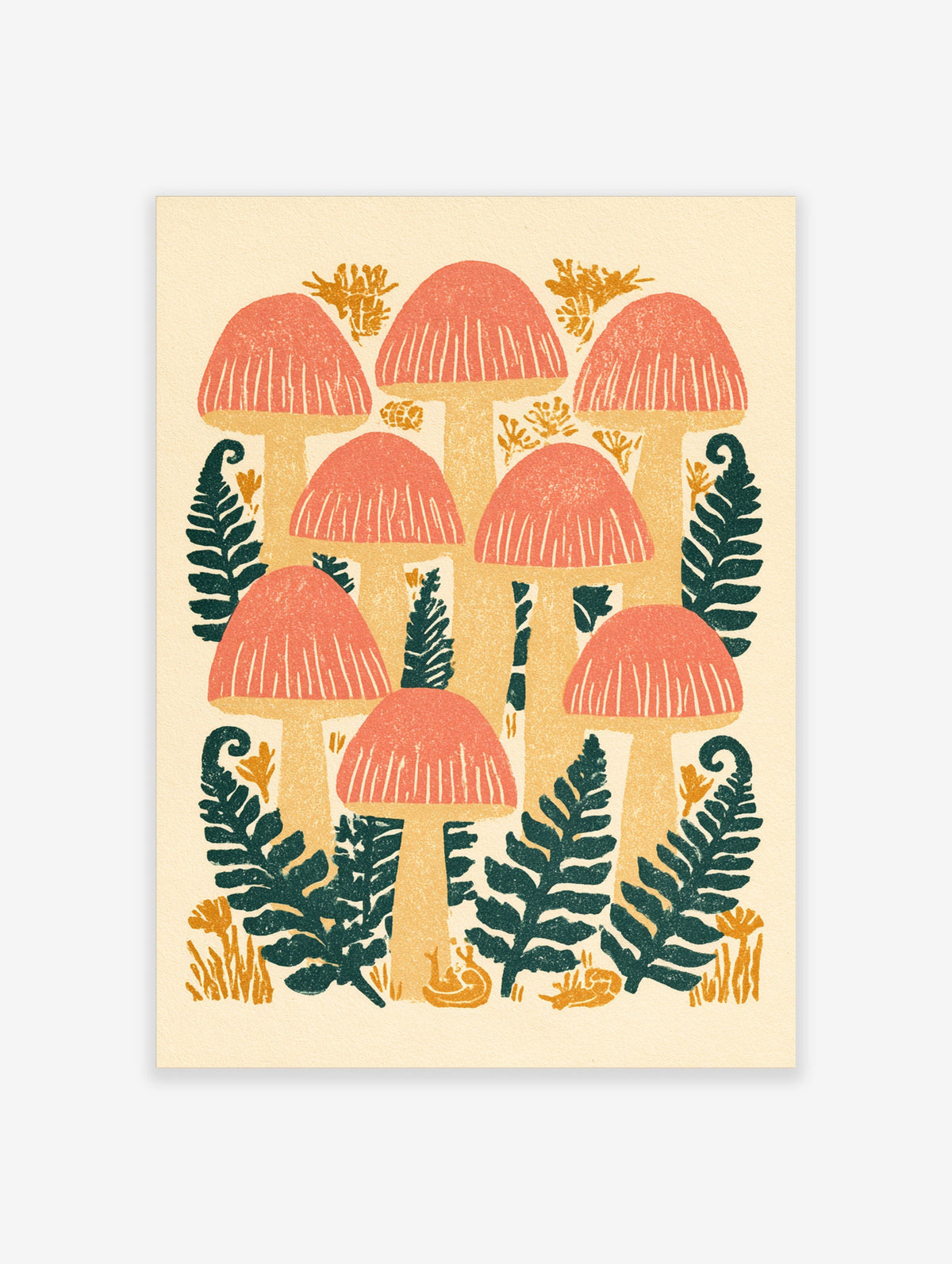 Pink mushroom art print with coral caps, golden stems, and dark green ferns on a cream background