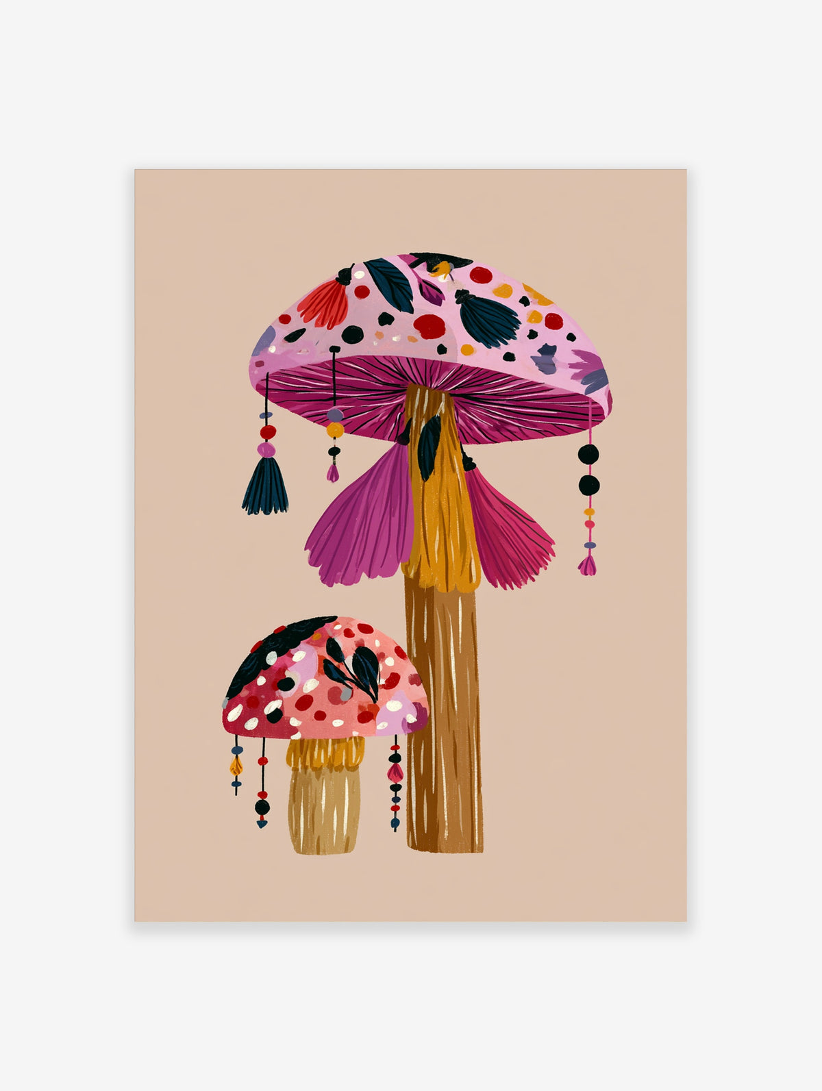 Pink mushroom art print with two illustrated fungi, magenta gills, spotted caps, and hanging tassels on beige
