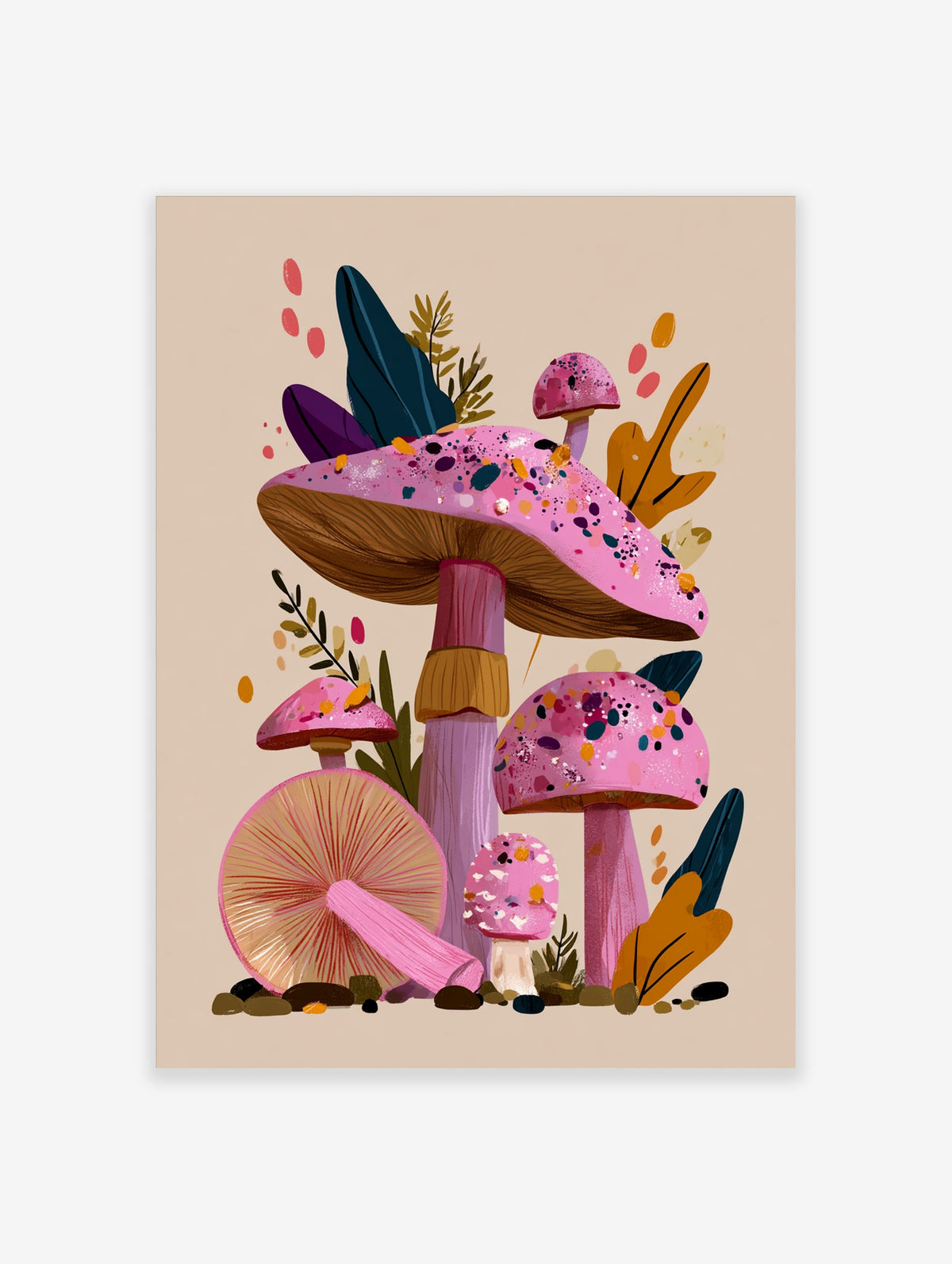Pink mushroom wall art with speckled caps, gills, and leaves on beige background