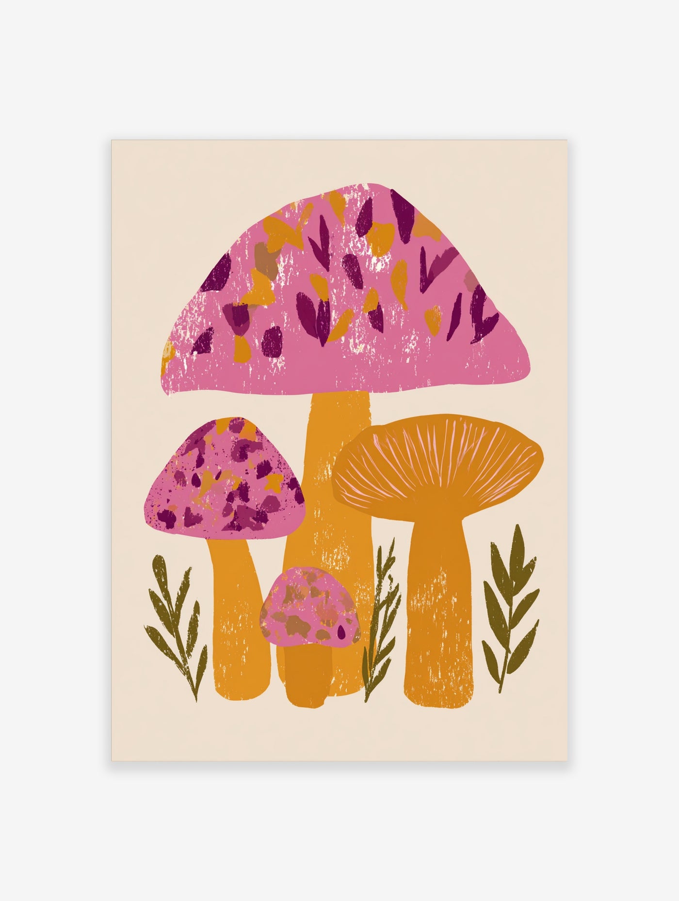 Illustrated pink mushroom art print with four mushrooms and olive leaves on cream background