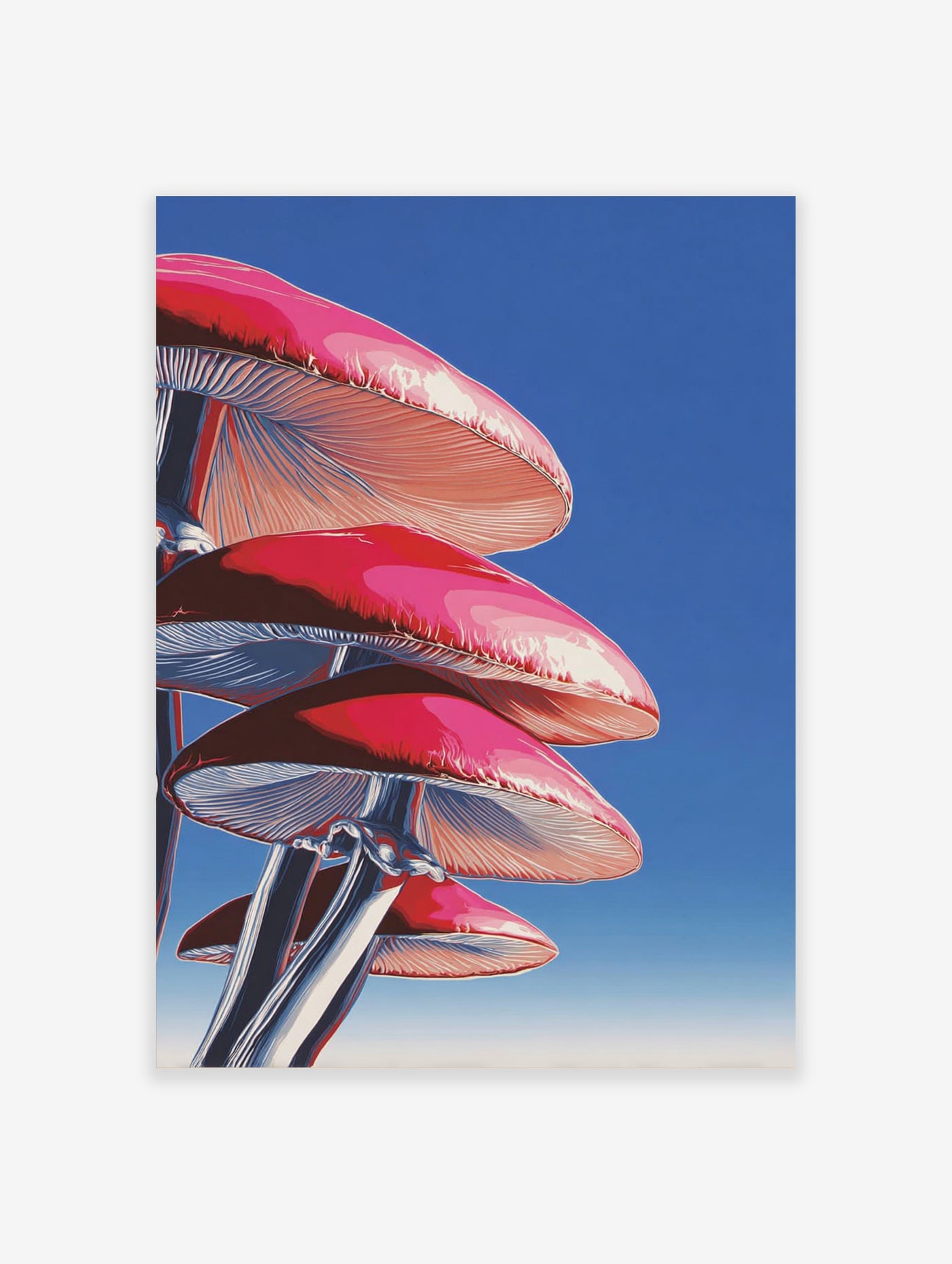 Pink mushroom wall art with glossy caps and silver stems against blue sky