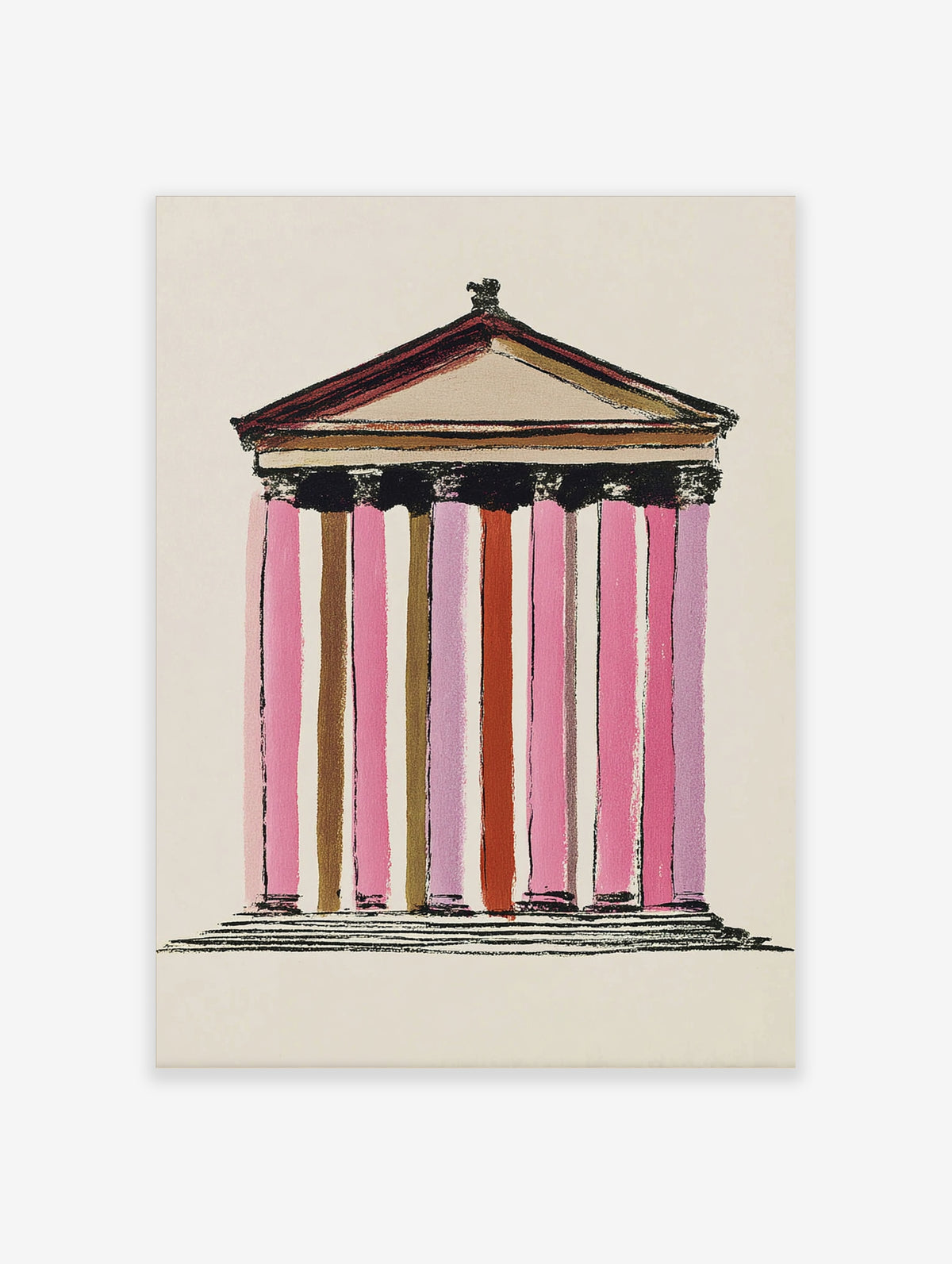 Pink neoclassical temple poster with colourful columns and triangular pediment on cream background