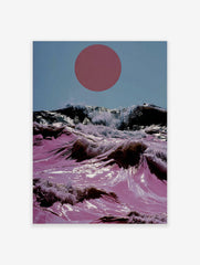 Surreal art print of pink ocean waves crashing with white foam under a large red sun in a blue sky